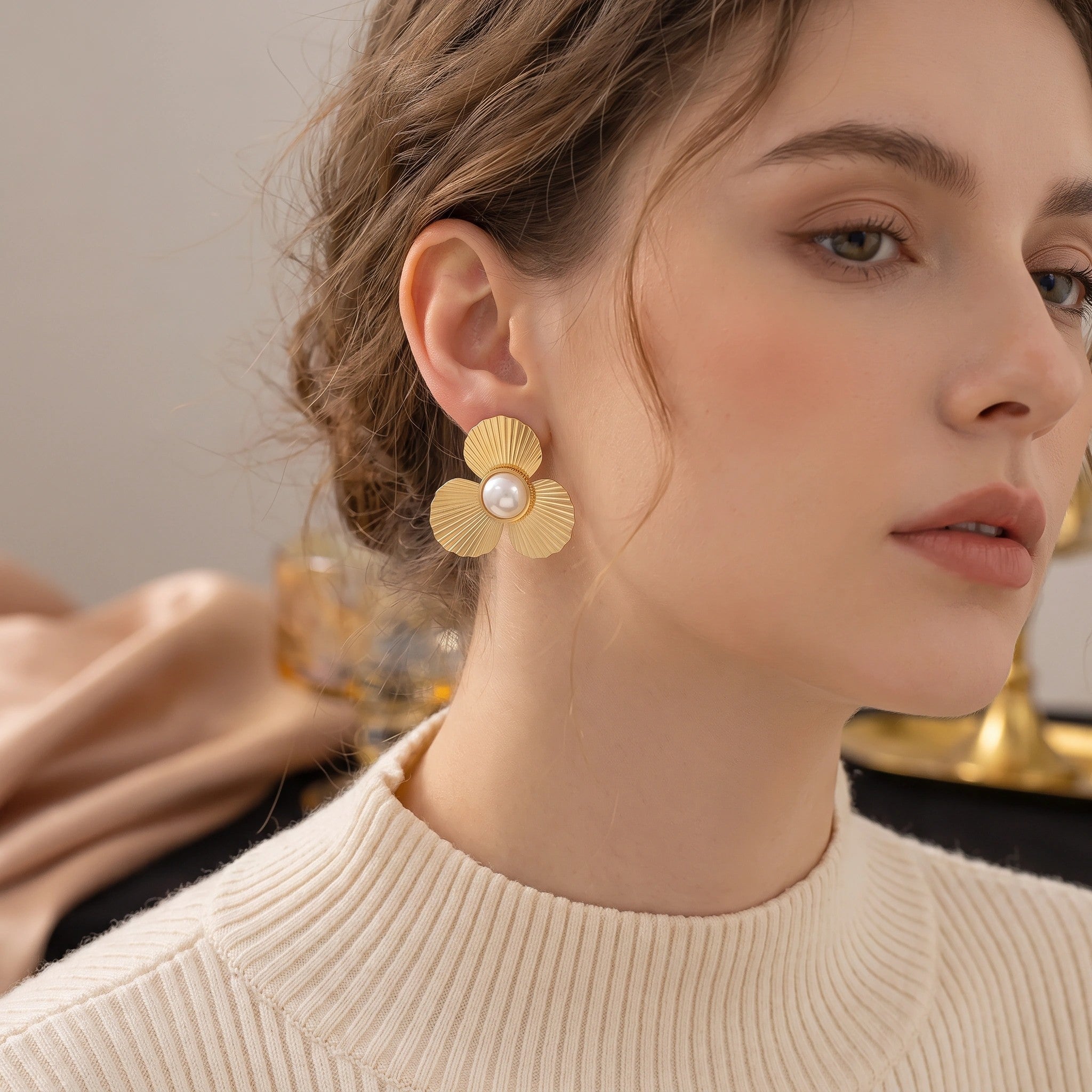 MYKI Gold Plated Floral Pearl Anti Tarnish Earrings | MYKI (MKERCH1031G-SSYI)