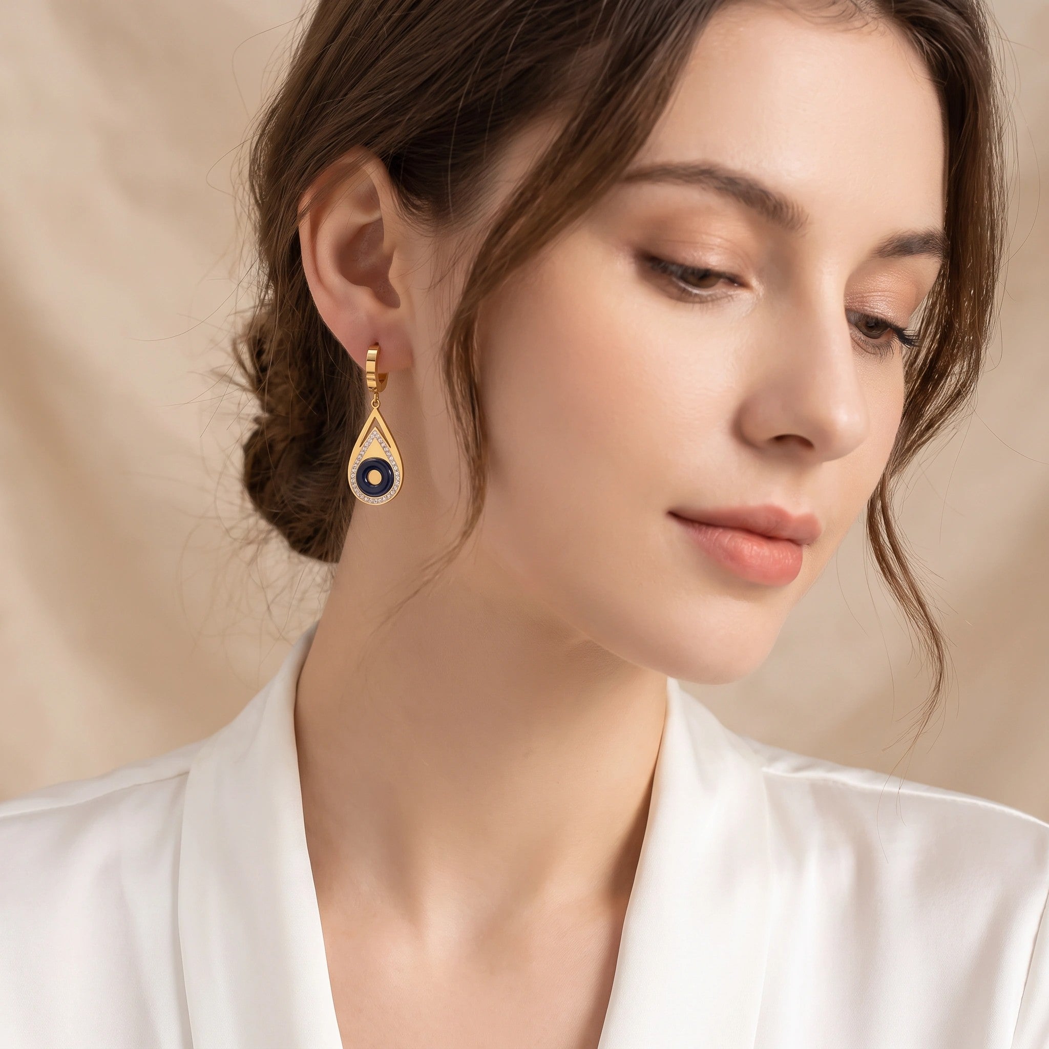 MYKI Gold Plated Evil Eye Teardrop Earrings with Crystals | Anti Tarnish (MKERCH1047G-SSYI)