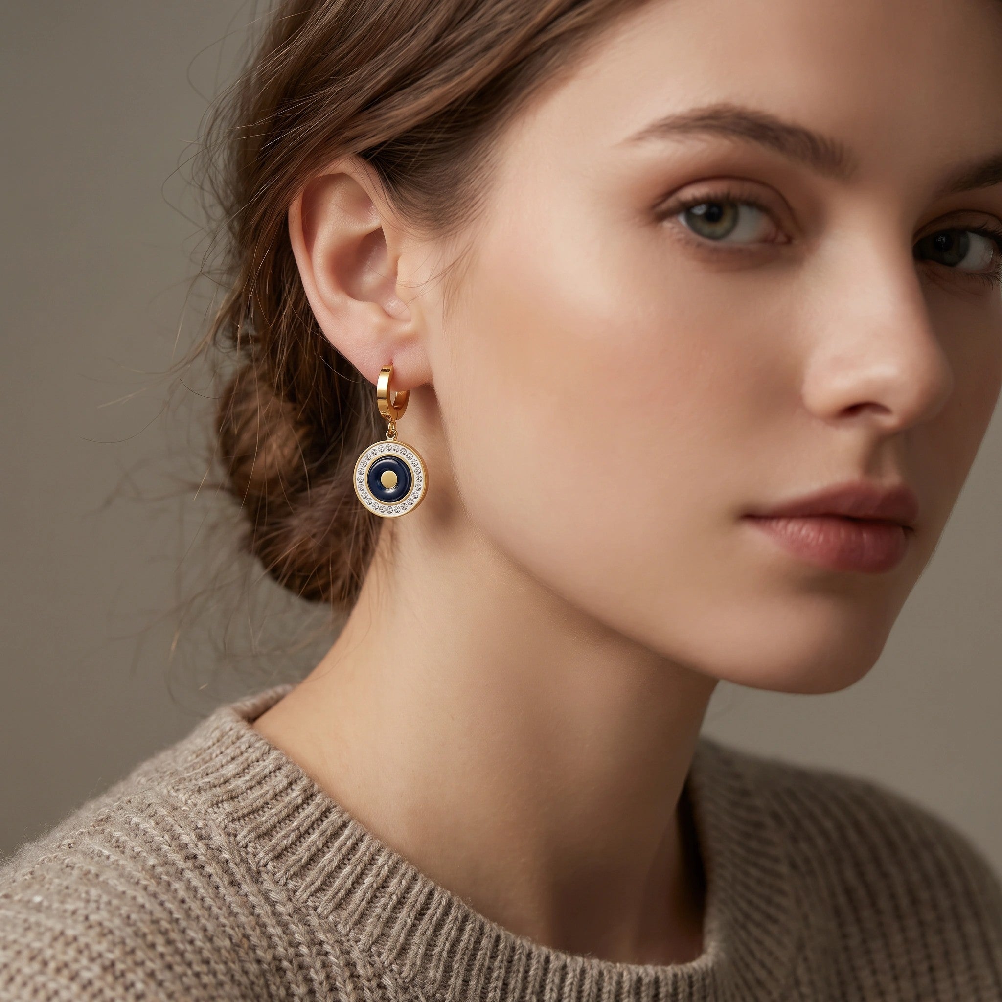 MYKI Gold Plated Round Evil Eye Crystal Earrings | Anti Tarnish Finish (MKERCH1048G-SSYI)