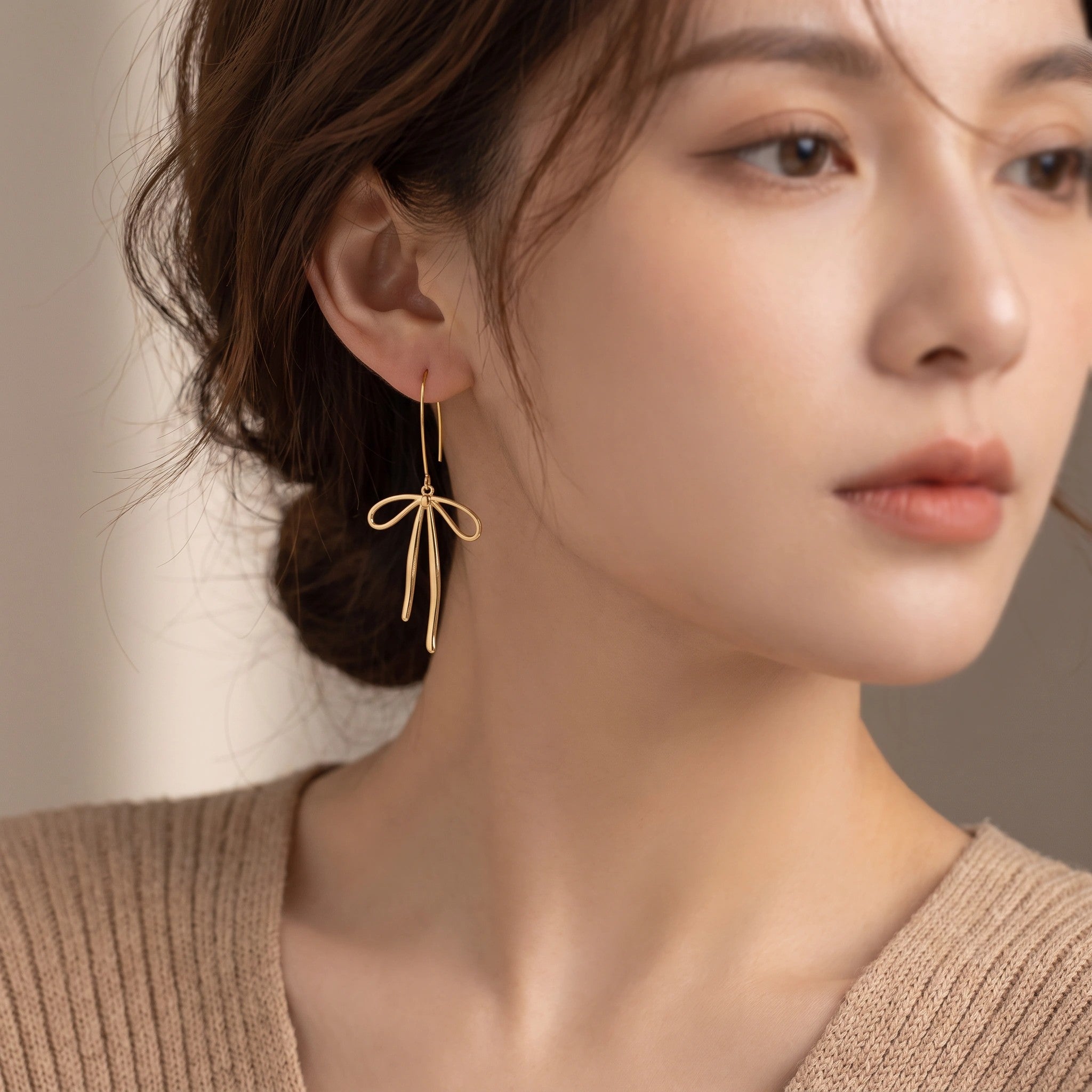 MYKI Gold Plated Ribbon Bow Long Drop Earrings | Anti Tarnish Finish (MKERCH1055G-SSYI)