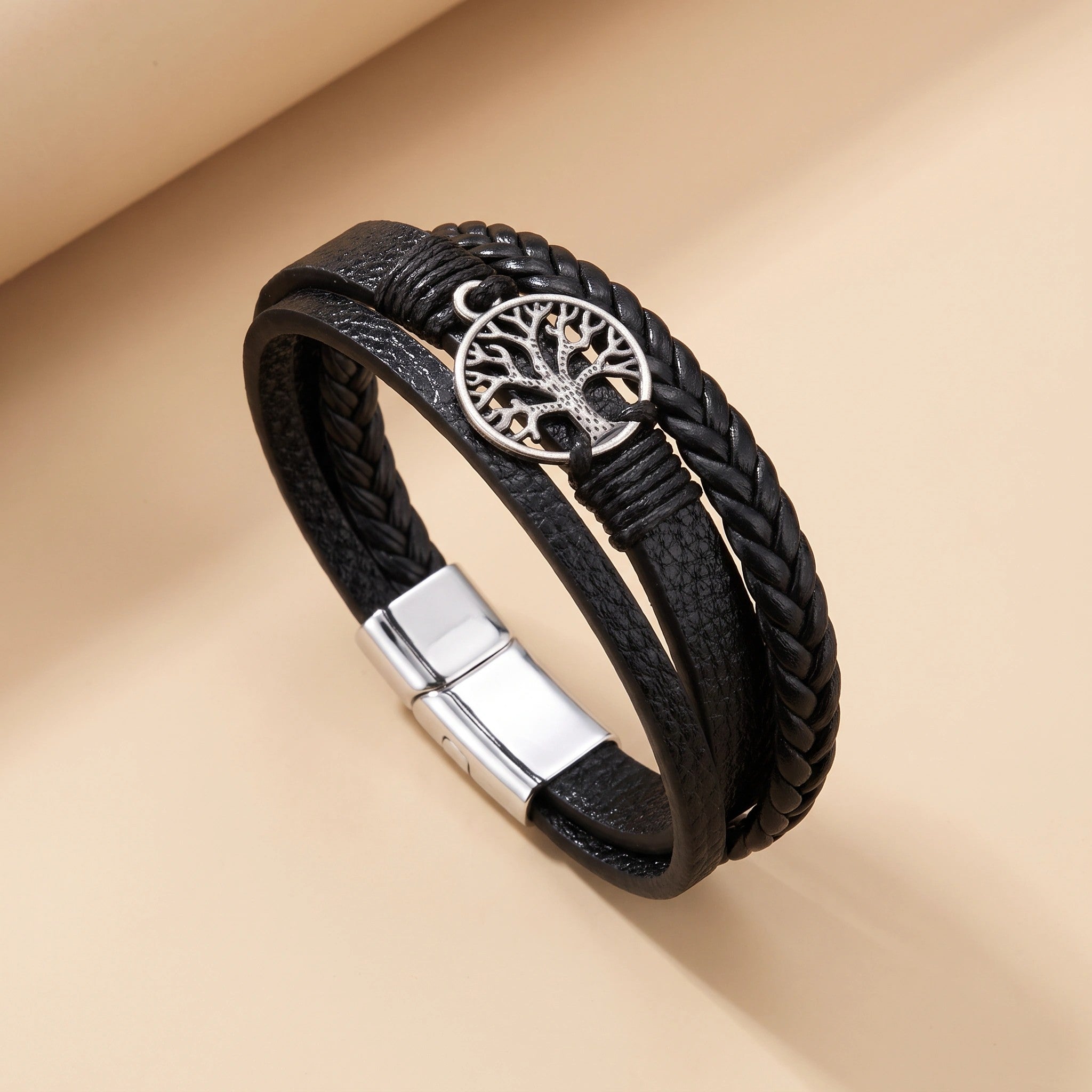 MYKI Multi Layered Life of Tree Leather Bracelet For Mens (MKMBR164BLACK)