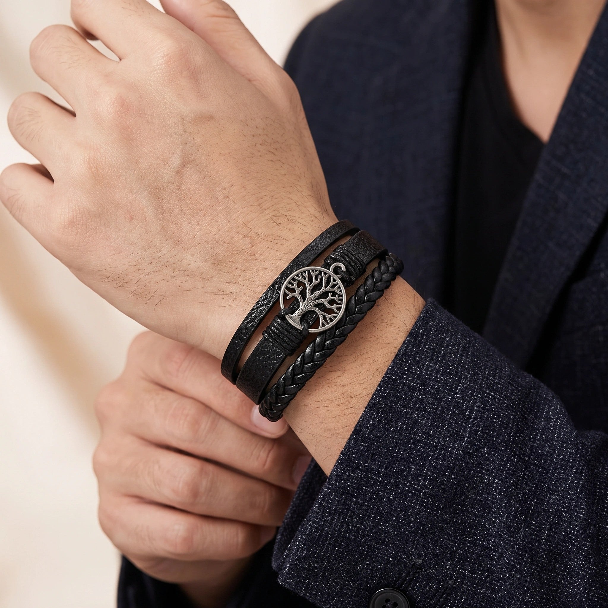 MYKI Multi Layered Life of Tree Leather Bracelet For Mens (MKMBR164BLACK)