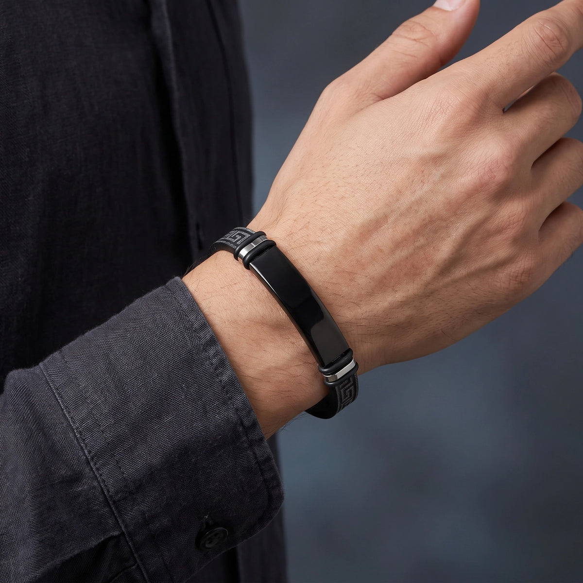 MYKI Smart Casual Designer Leather Bracelet For Men & Boys For Daily / Party / Gym Wear (BLACK) (MKMBR168)