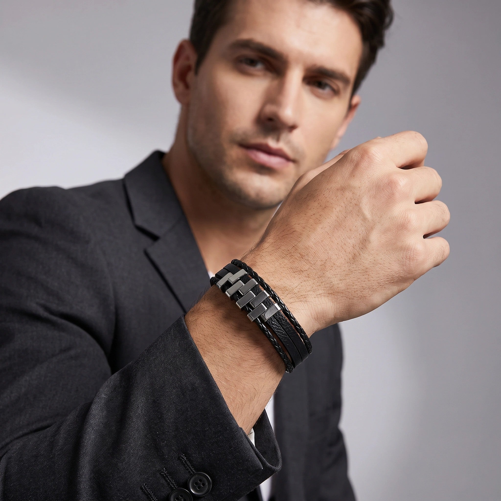 MYKI Smart Casual Leather ZigZag Bracelet For Men & Boys For Daily / Party / Gym Wear (BLACK) (MKMBR169)