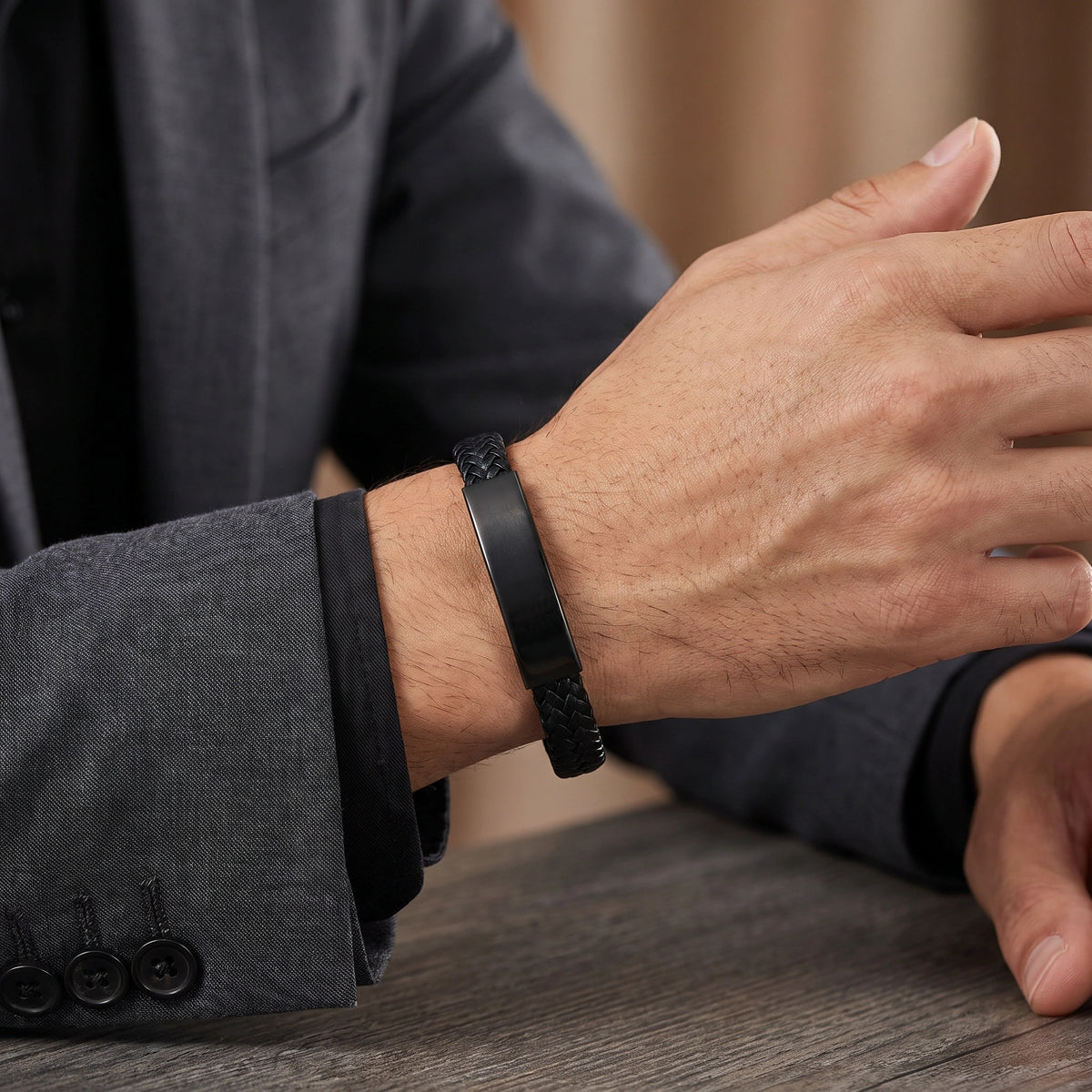 MYKI Smart Casual Braid Style Leather Bracelet For Men & Boys For Daily / Party / Gym Wear (BLACK) (MKMBR170)