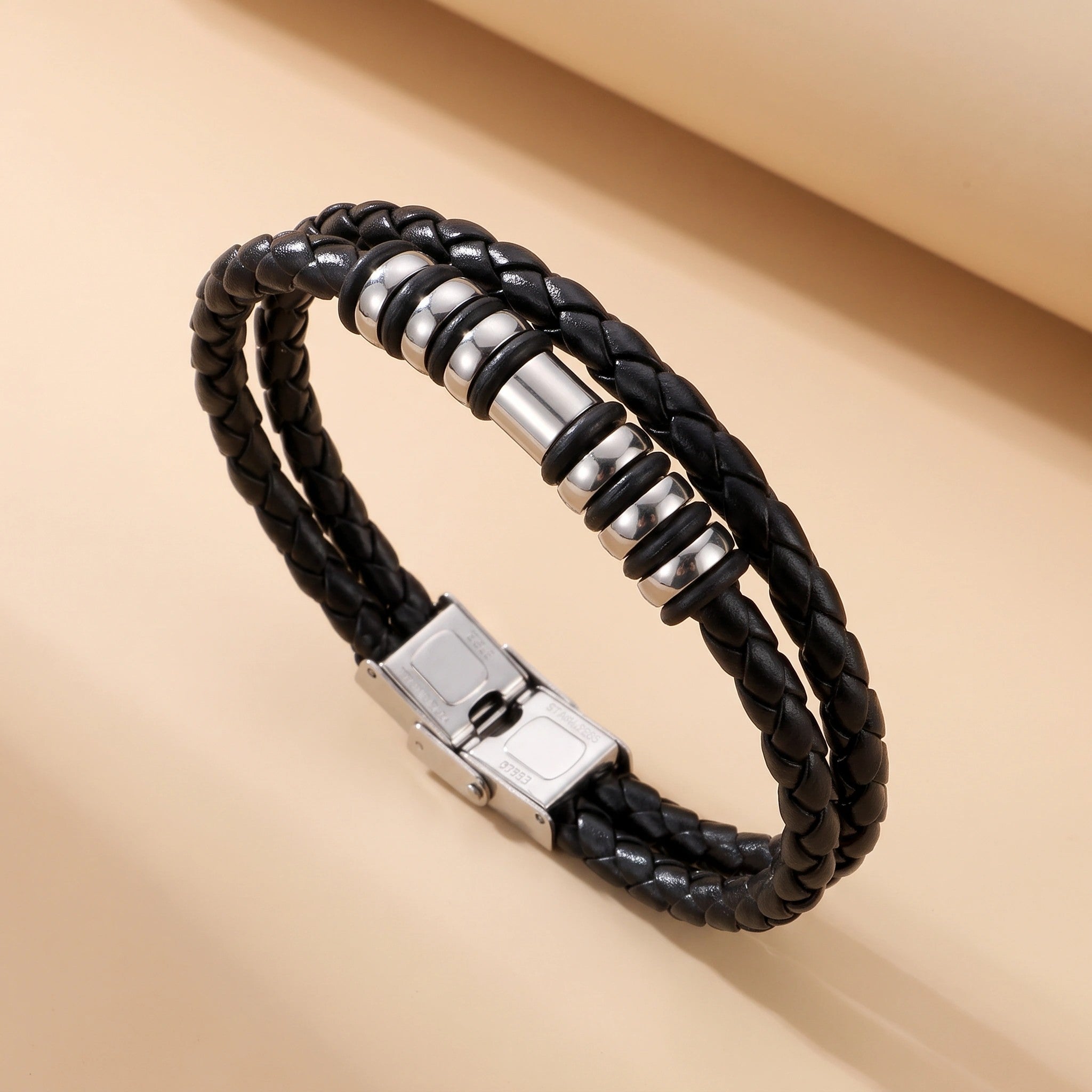 MYKI Smart Casual Beaded Leather Bracelet For Men & Boys For Daily / Party / Gym Wear (BLACK) (MKMBR175)