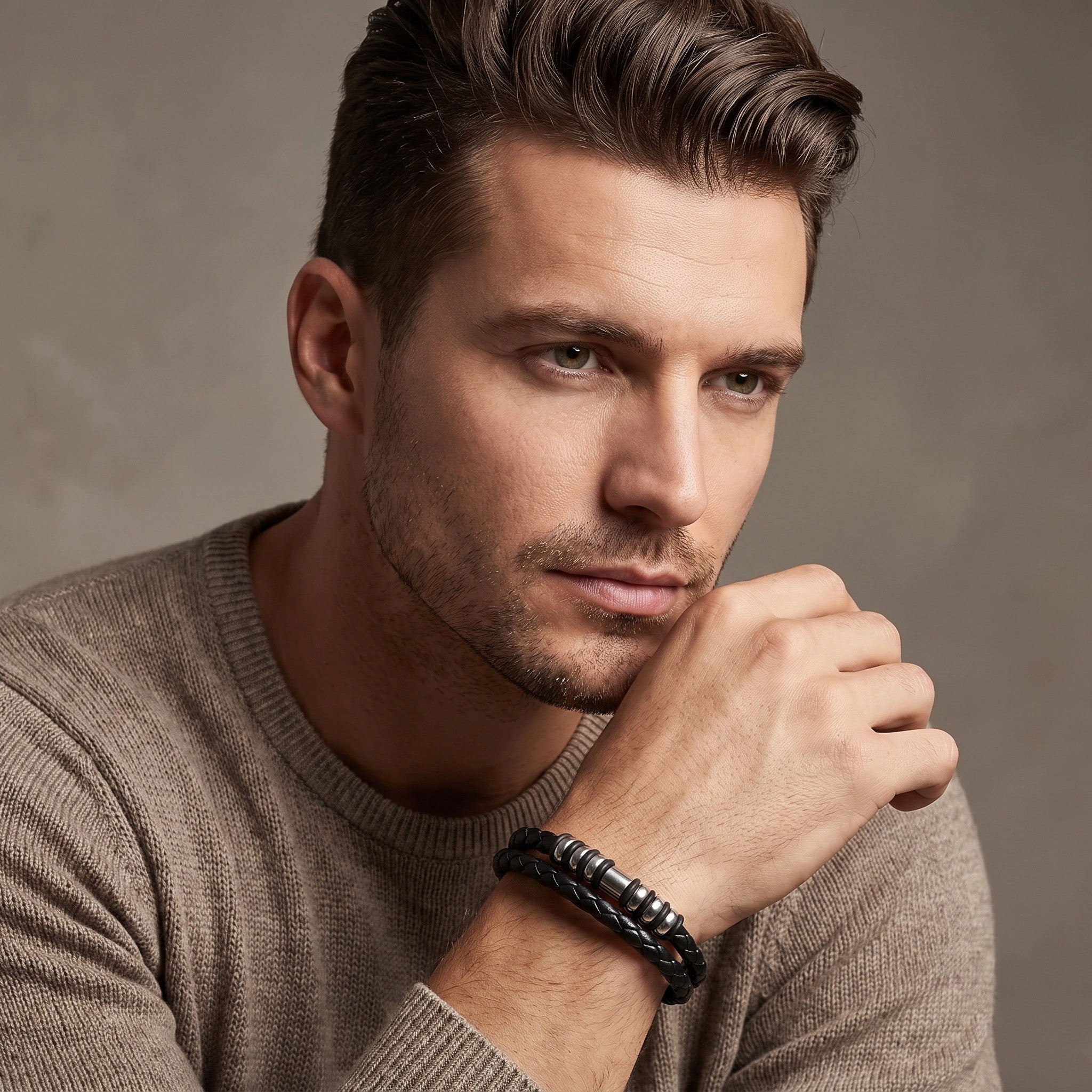 MYKI Smart Casual Beaded Leather Bracelet For Men & Boys For Daily / Party / Gym Wear (BLACK) (MKMBR175)