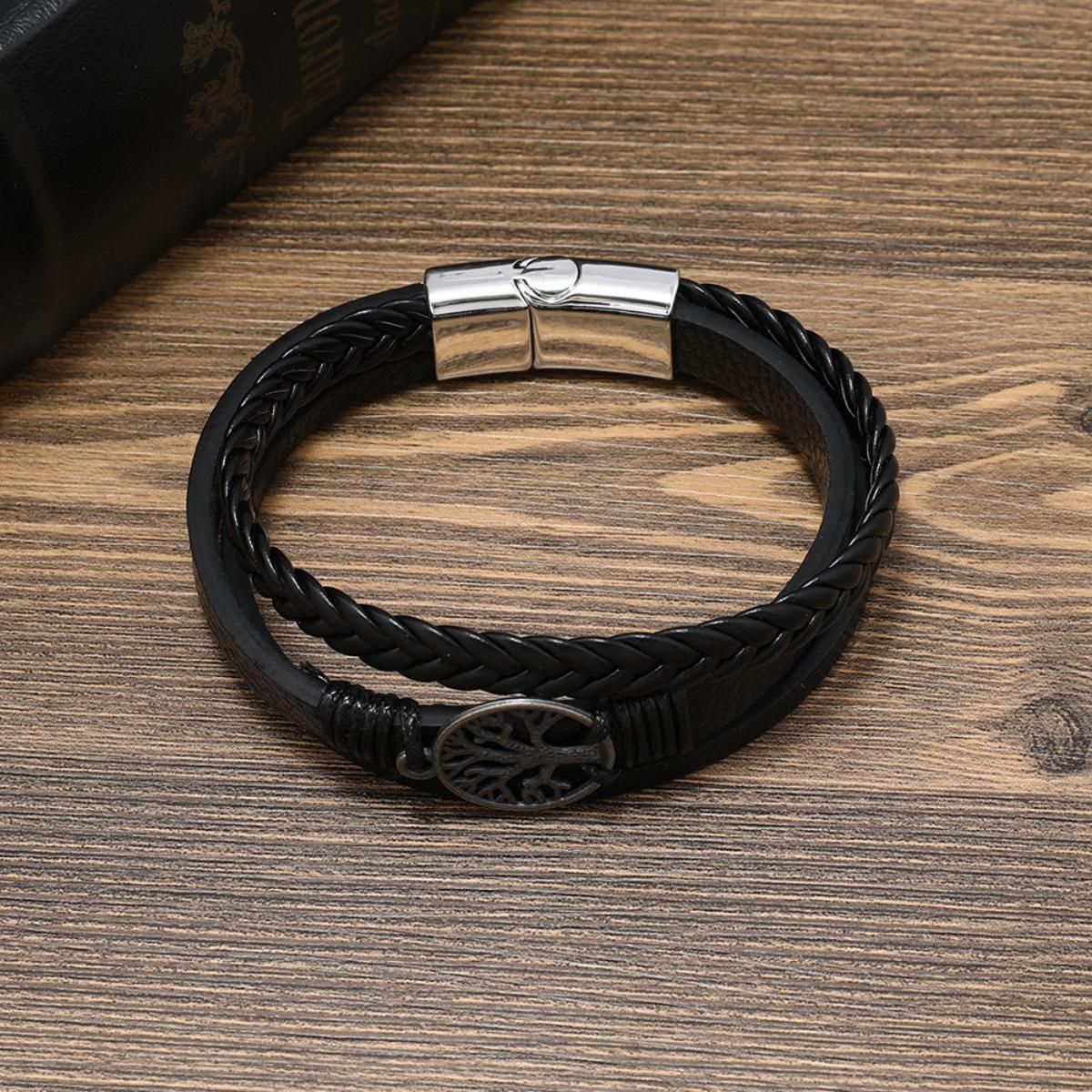 MYKI Multi Layered Life of Tree Leather Bracelet For Mens (MKMBR164BLACK)