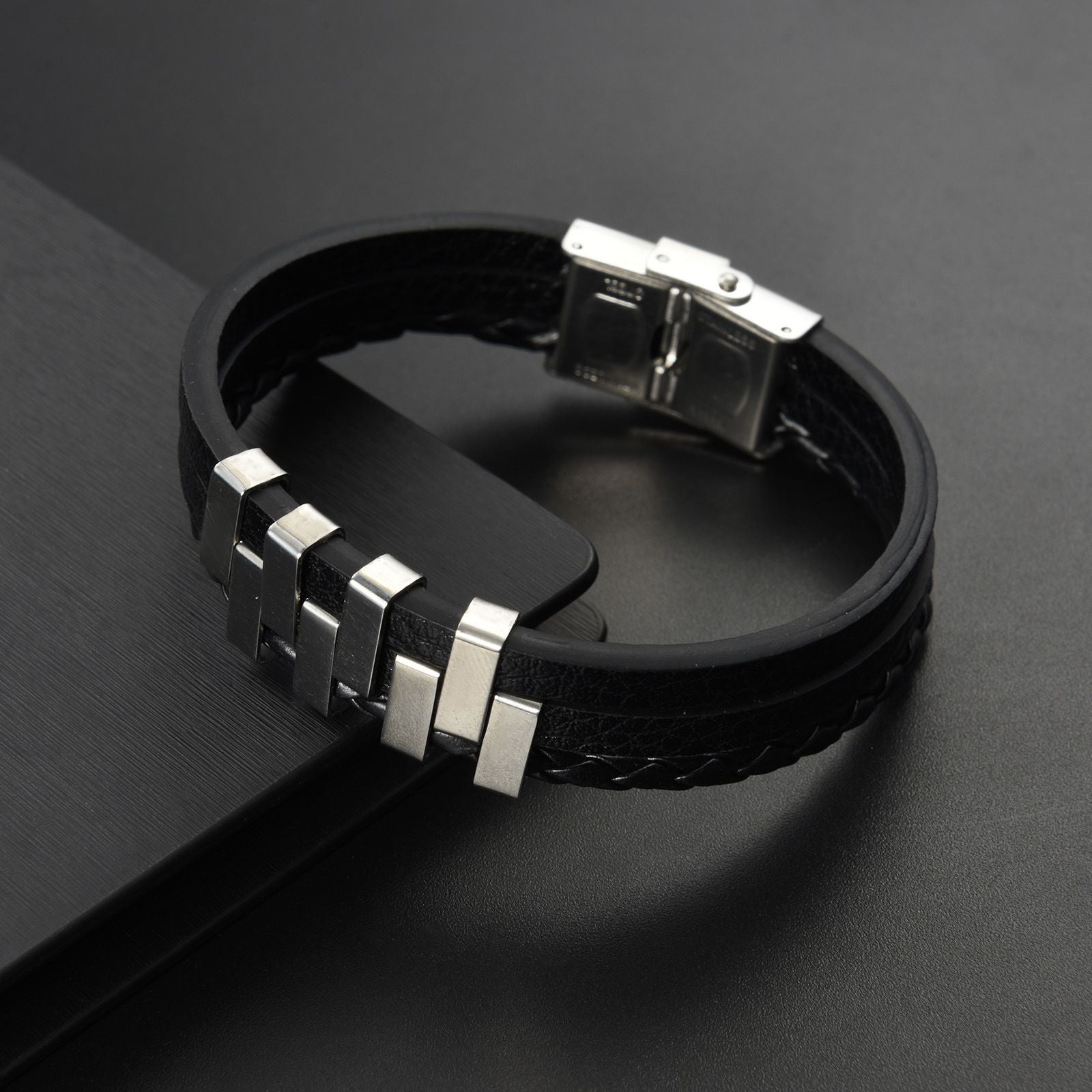 MYKI Smart Casual Leather ZigZag Bracelet For Men & Boys For Daily / Party / Gym Wear (BLACK) (MKMBR169)