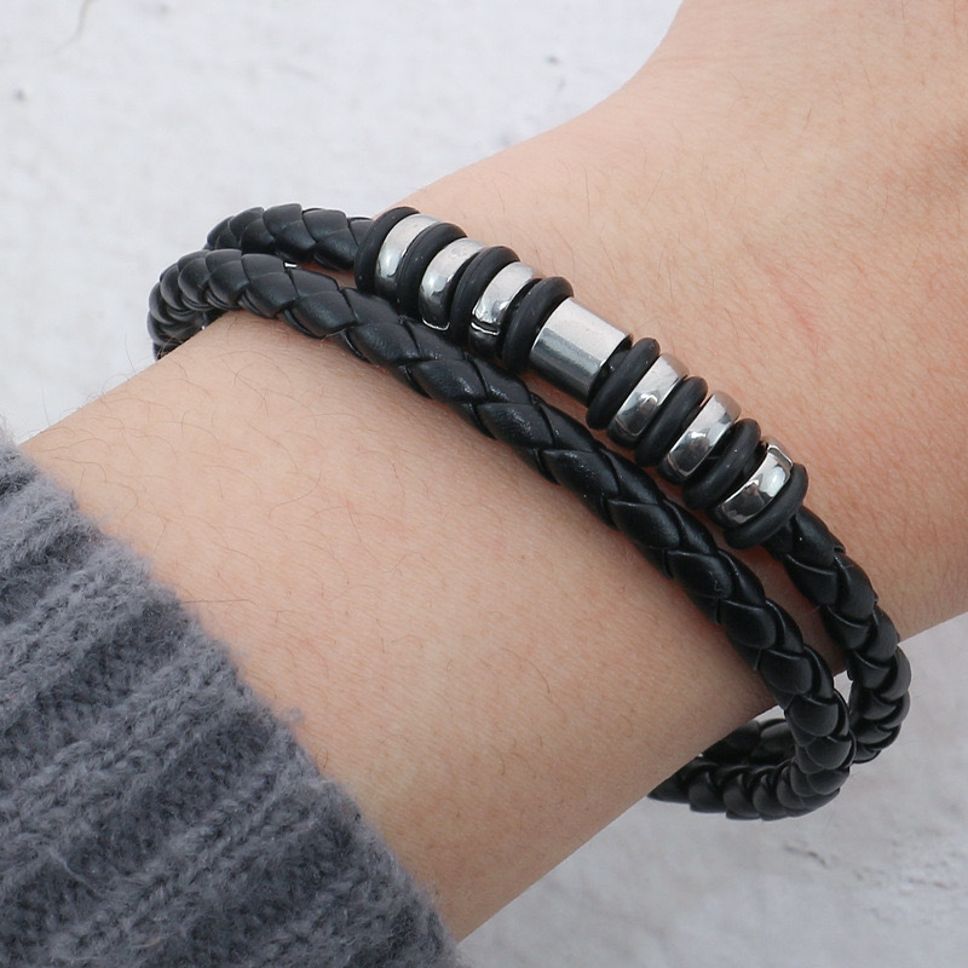 MYKI Smart Casual Beaded Leather Bracelet For Men & Boys For Daily / Party / Gym Wear (BLACK) (MKMBR175)