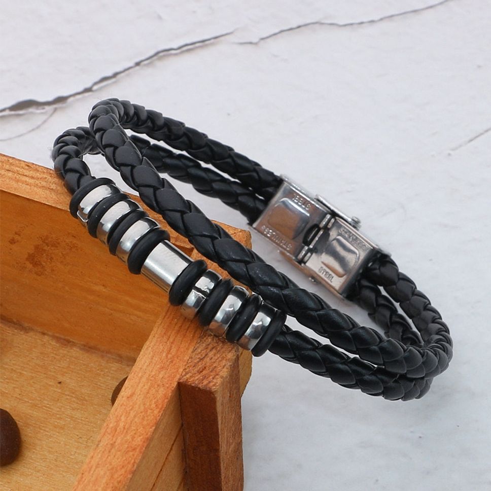 MYKI Smart Casual Beaded Leather Bracelet For Men & Boys For Daily / Party / Gym Wear (BLACK) (MKMBR175)