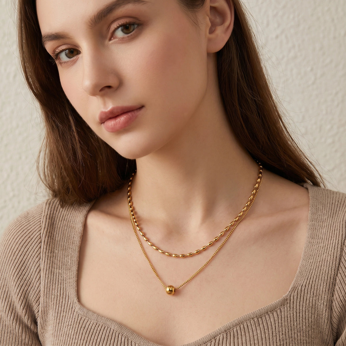MYKI Anti-Tarnish Double Layer Necklace with Bead Charm (MK707G-SSYI)