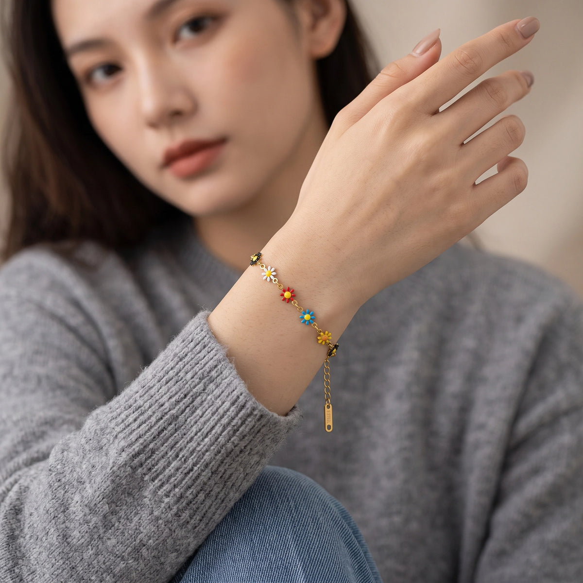 MYKI Gold Plated Multi Color Daisy Chain Bracelet | Anti Tarnish Finish(MKBRAD708G-SSYI)