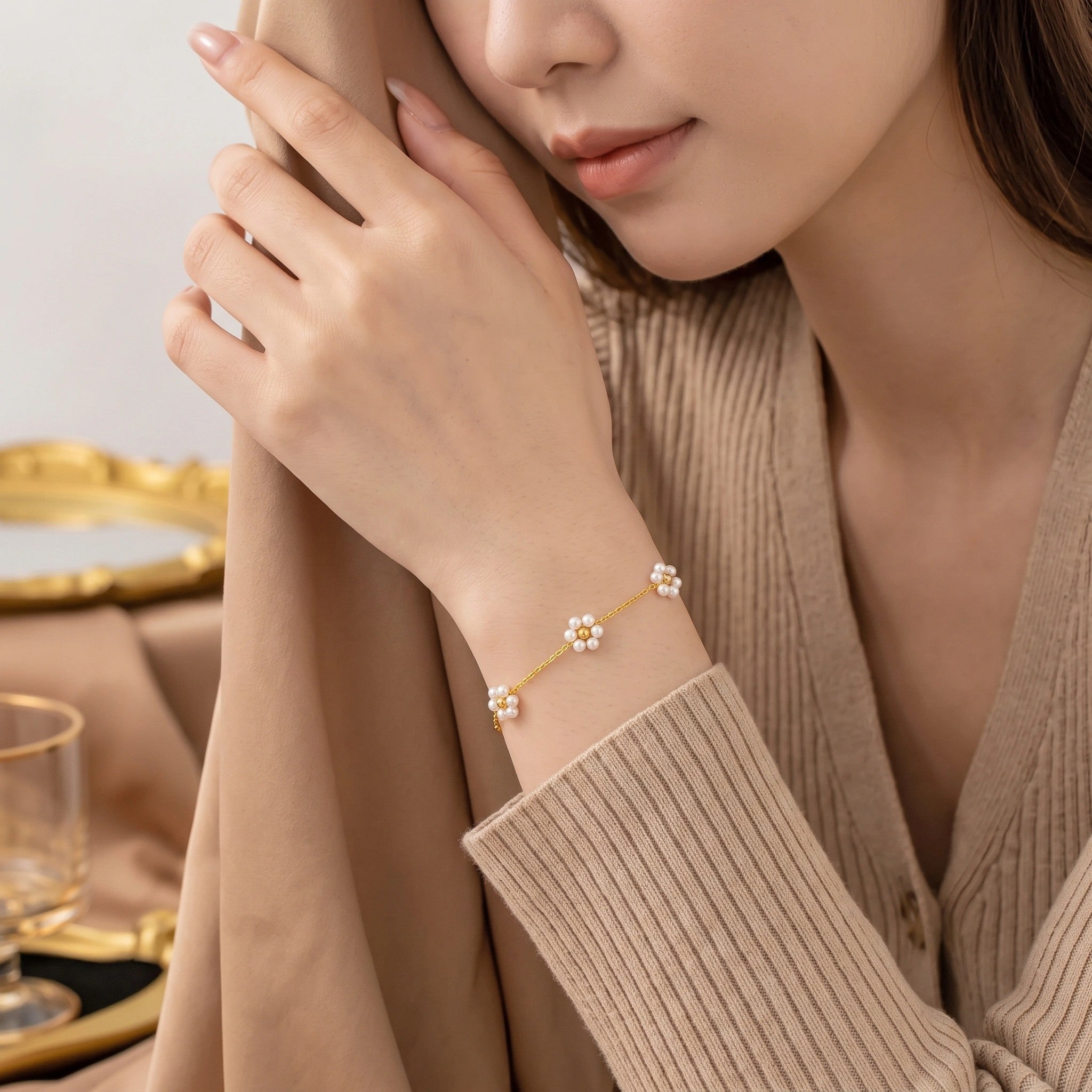 MYKI Gold Plated Pearl Flower Chain Bracelet | Anti Tarnish Finish(MKBRAD710G-SSYI)