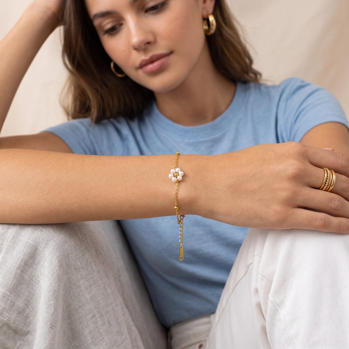 MYKI Gold Plated Single Pearl Flower Bracelet | Anti Tarnish Finish(MKBRAD711G-SSYI)