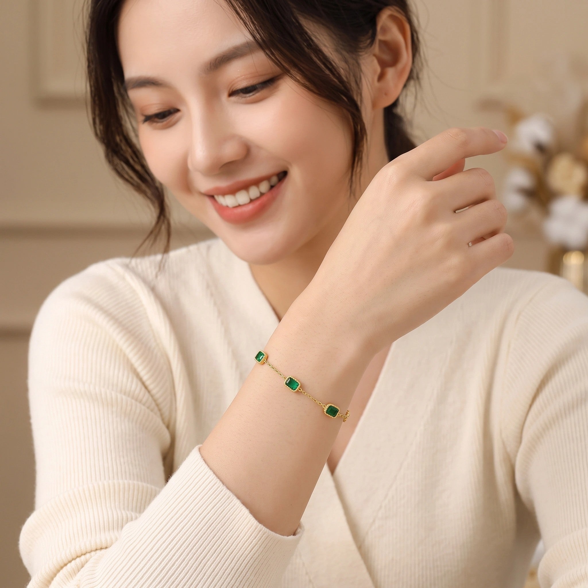 MYKI Gold-Plated Emerald Charm Bracelet | Anti-Tarnish(MKBRAD730G-SSYI)