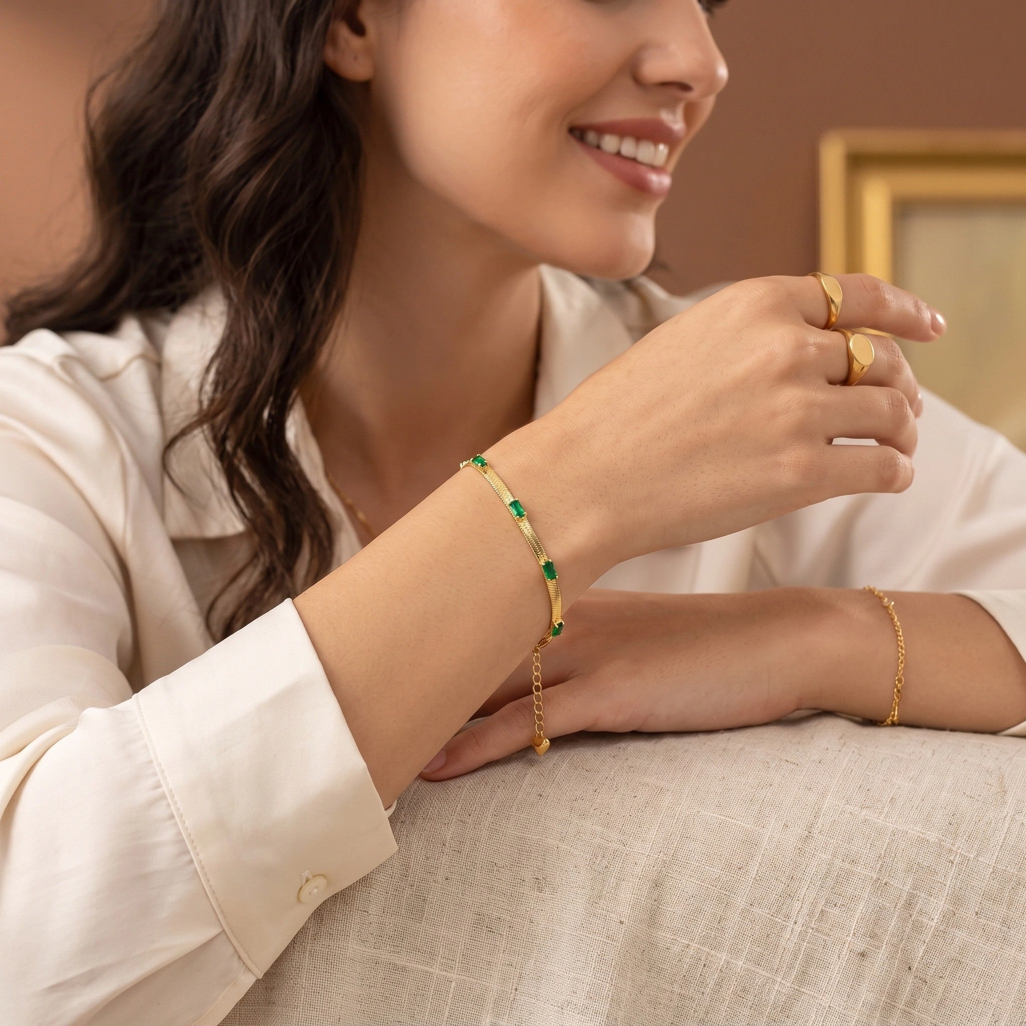 MYKI Gold-Plated Green Stone Herringbone Bracelet(MKBRAD750G-SSYI)