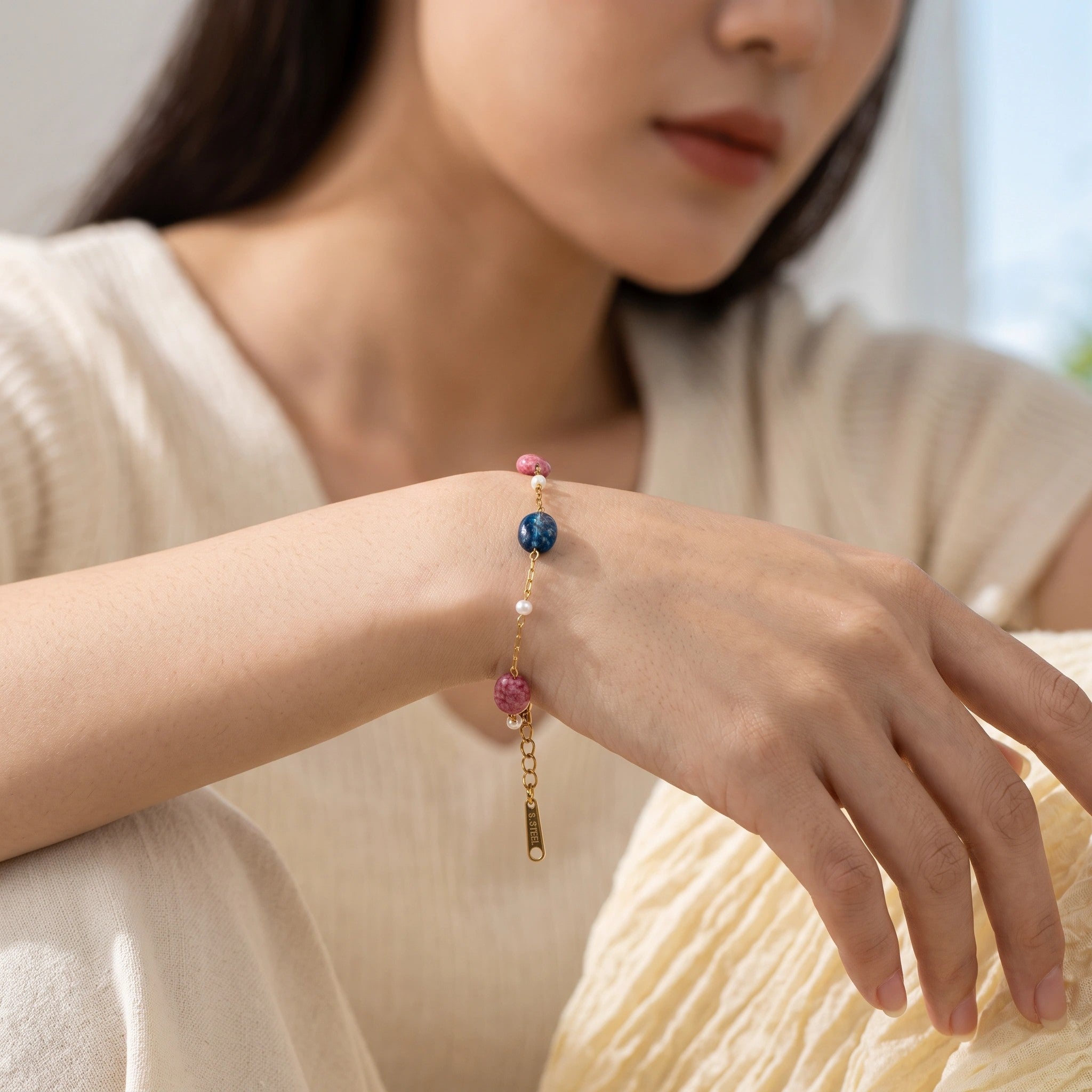 MYKI Gold-Plated Beaded Charm Bracelet with Pearl & Stone Accents(MKBRAD761G-SSYI)