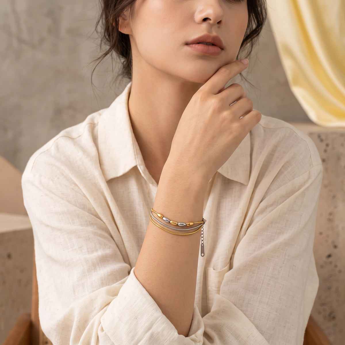 MYKI Tri-Color Multi-Layer Bead Bracelet | Stainless Steel(MKBRAD774G-SSYI)