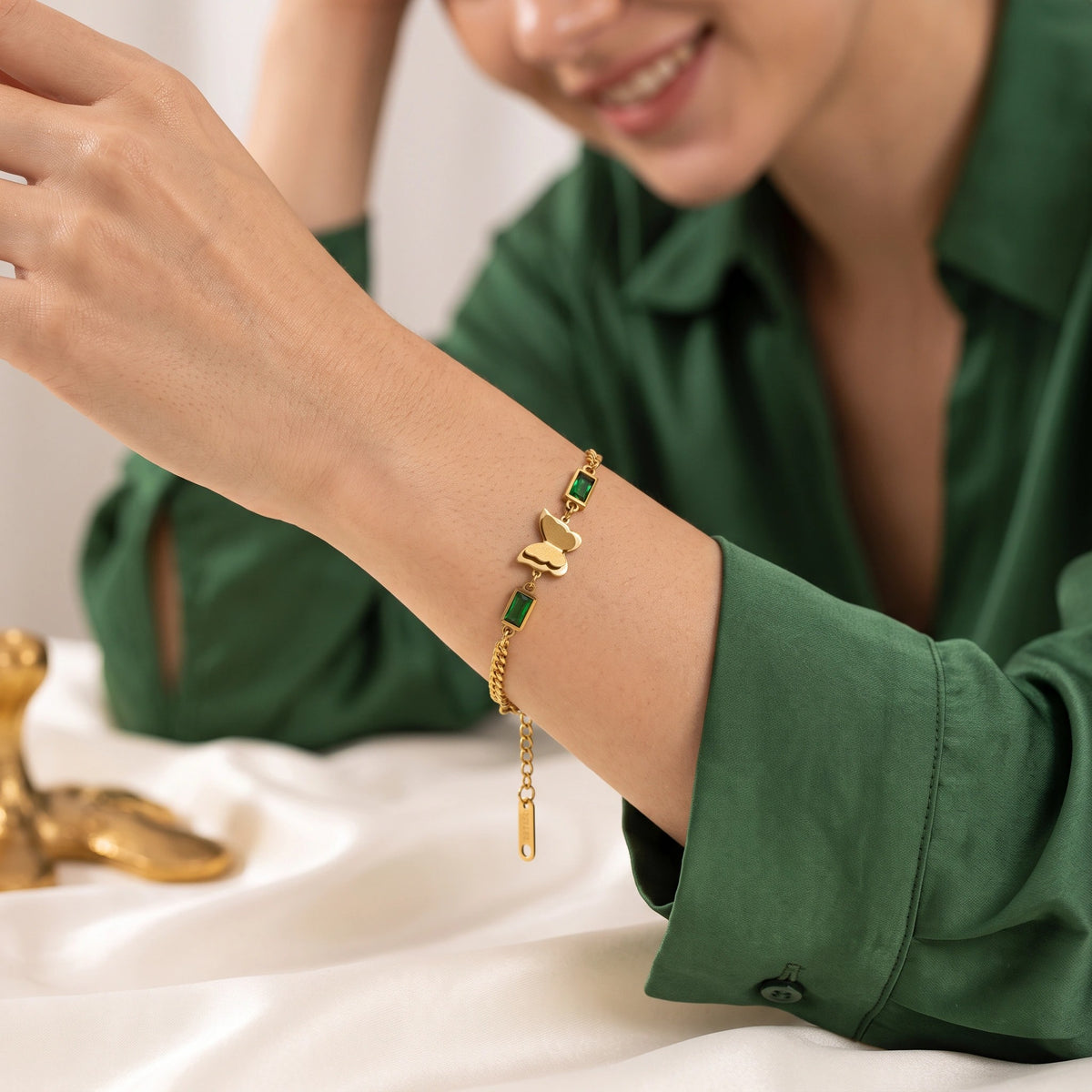 MYKI Gold-Plated Butterfly & Green Stone Bracelet | Anti-Tarnish(MKBRAD775G-GREEN-SSYI)