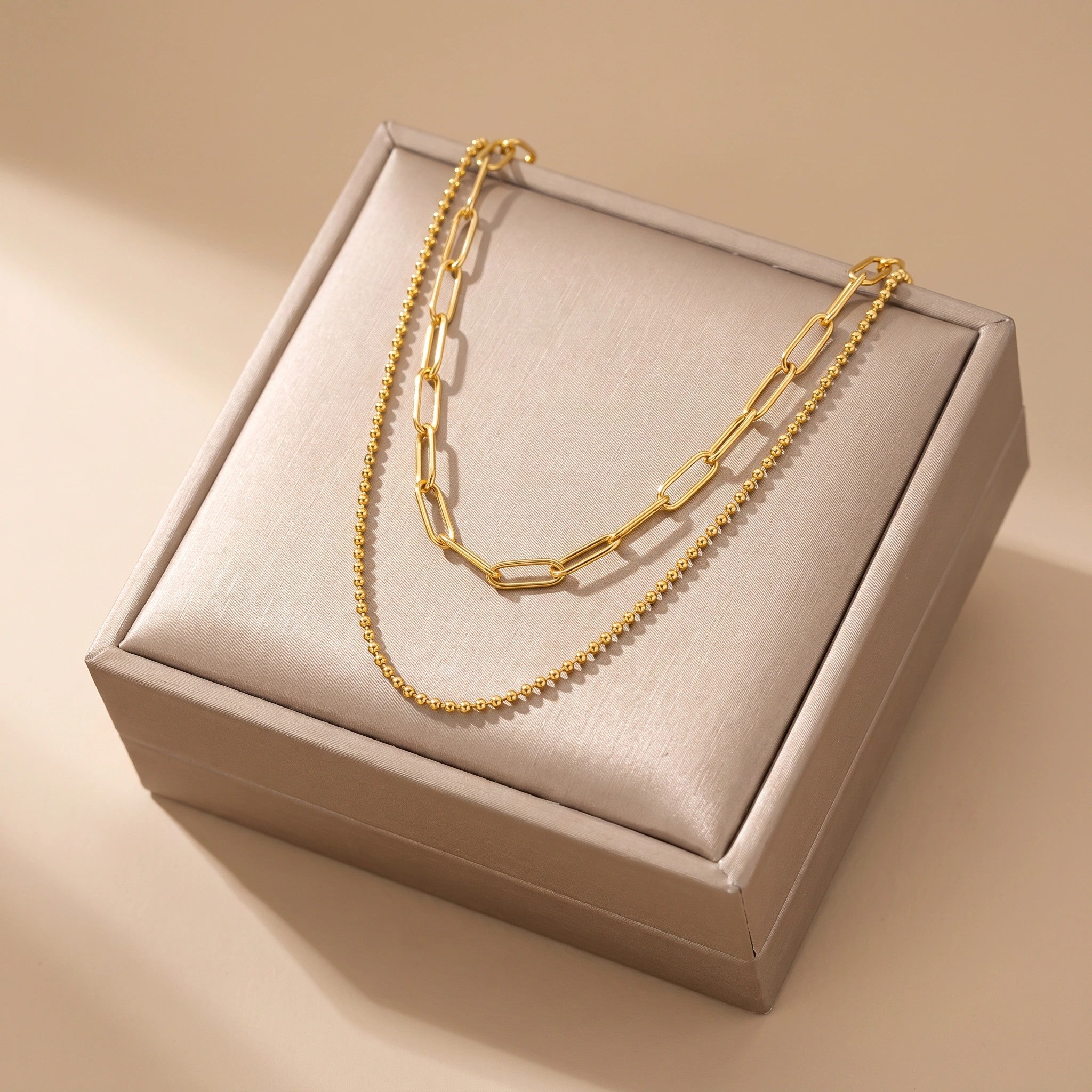 MYKI Paperclip & Bead Layer Necklace – Anti Tarnish Gold Plated Dual Chain (MK781G-SSYI)
