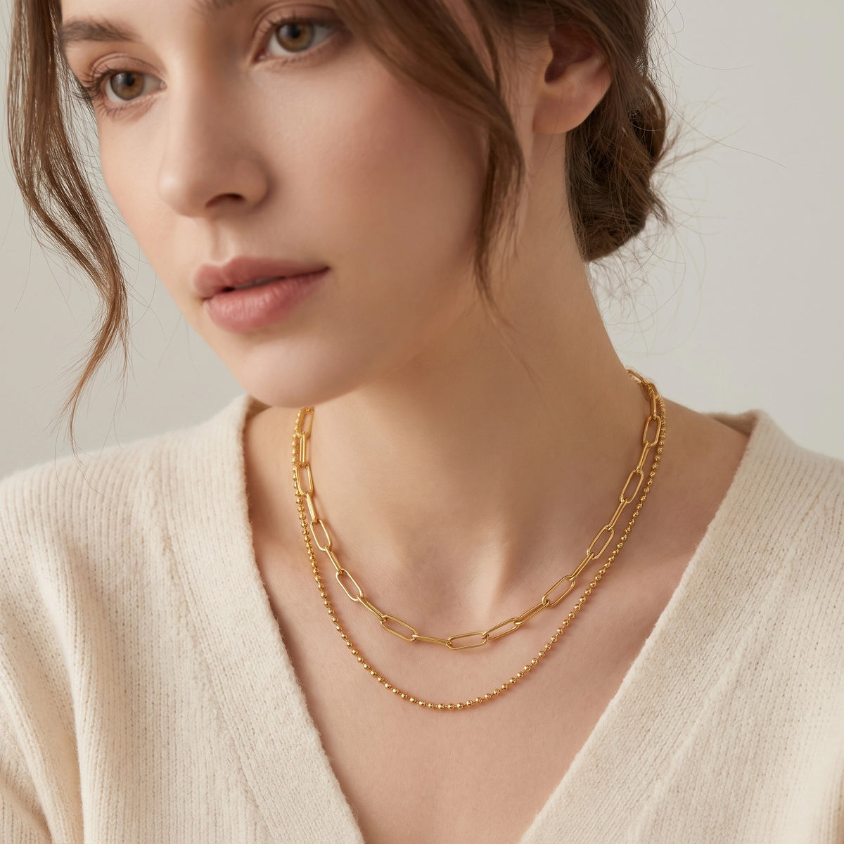 MYKI Paperclip & Bead Layer Necklace – Anti Tarnish Gold Plated Dual Chain (MK781G-SSYI)
