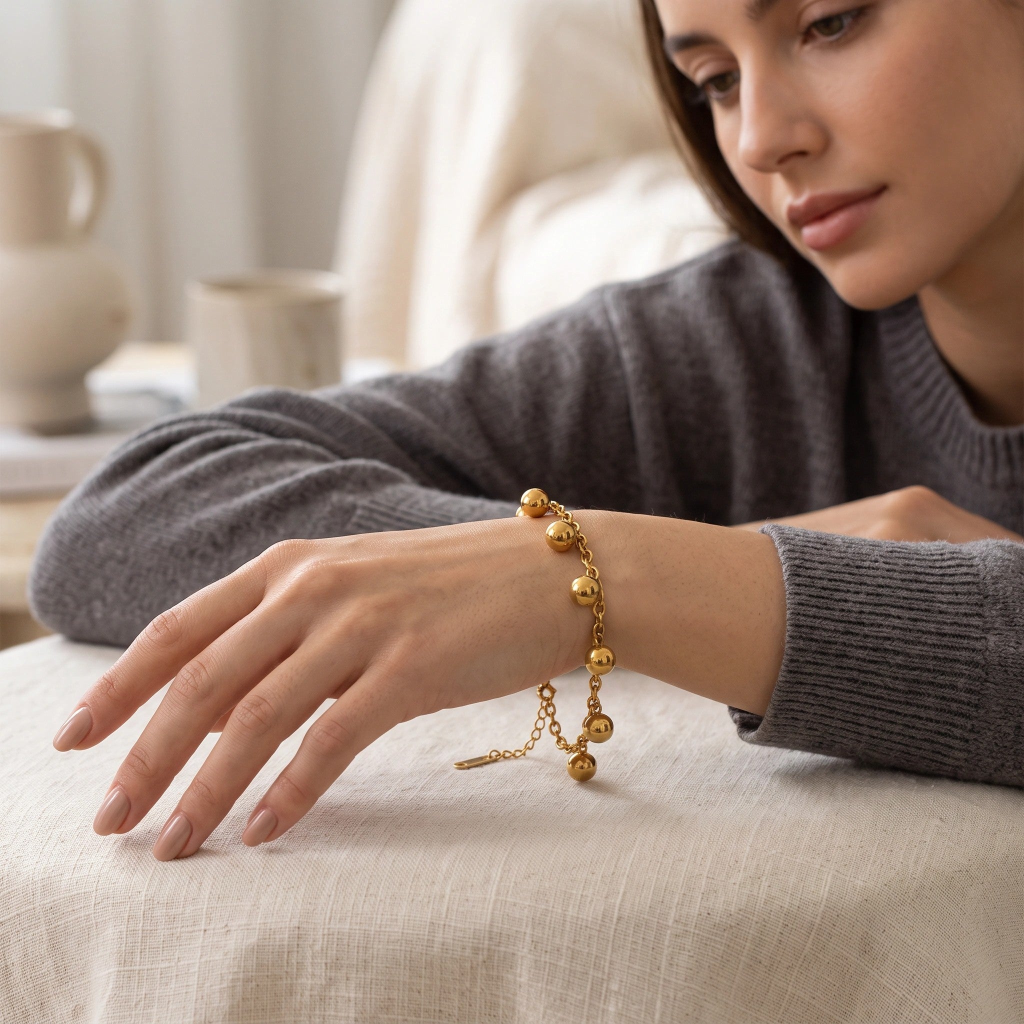 MYKI Gold-Plated Dangling Bead Charm Bracelet | Anti-Tarnish(MKBRAD787G-SSYI)