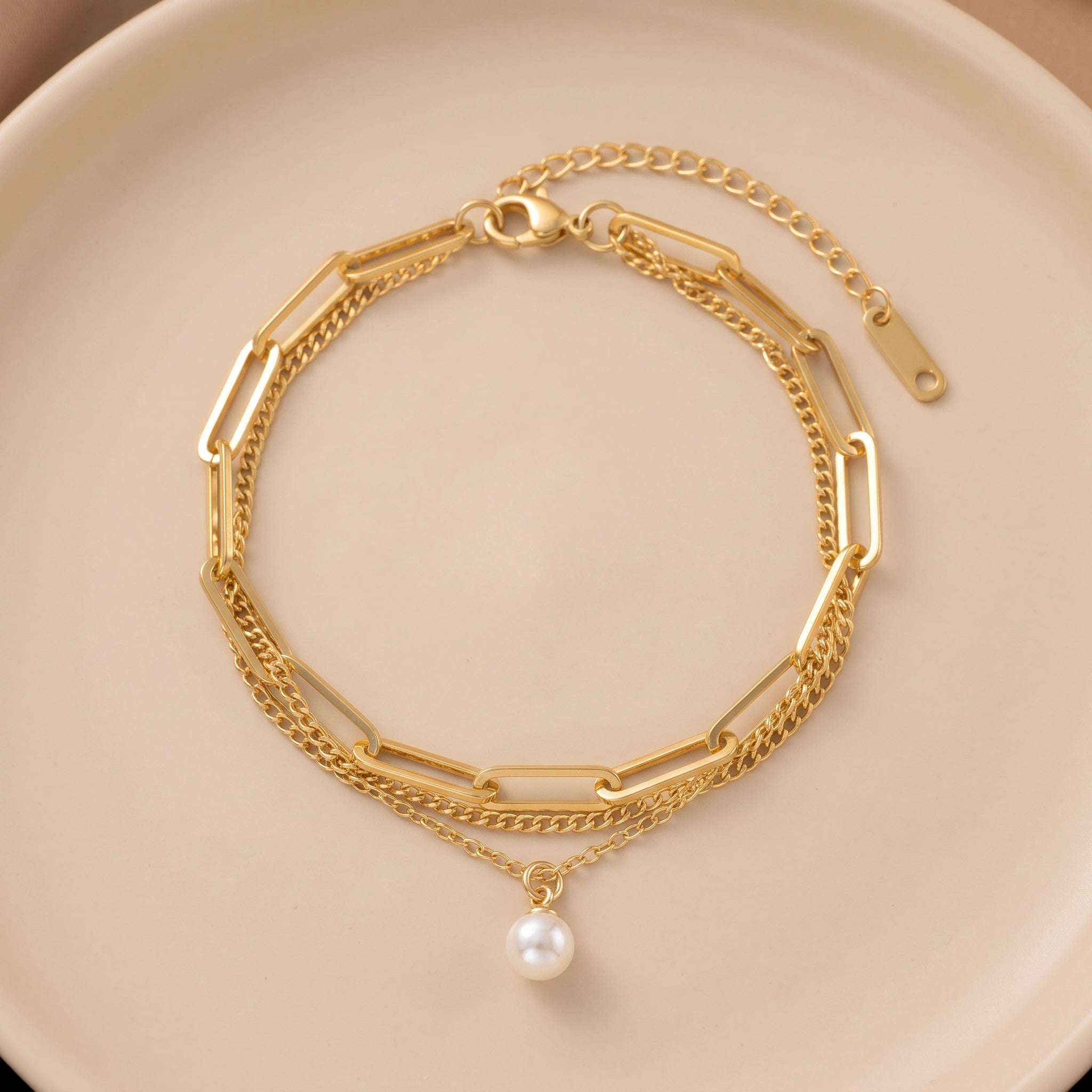 MYKI Gold-Plated Multi-Layer Chain Bracelet with Pearl Charm(MKBRAD790G-SSYI)
