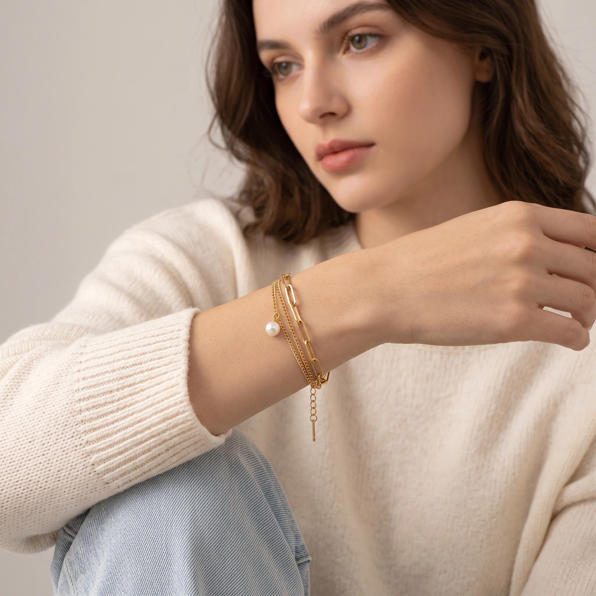MYKI Gold-Plated Multi-Layer Chain Bracelet with Pearl Charm(MKBRAD790G-SSYI)