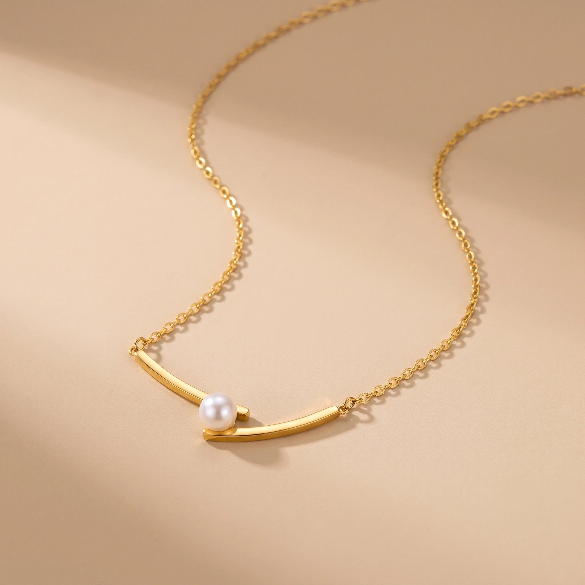 MYKI Anti-Tarnish Stainless Steel Gold Plated Pearl Accent Bar Necklace (MK791G-SSYI)