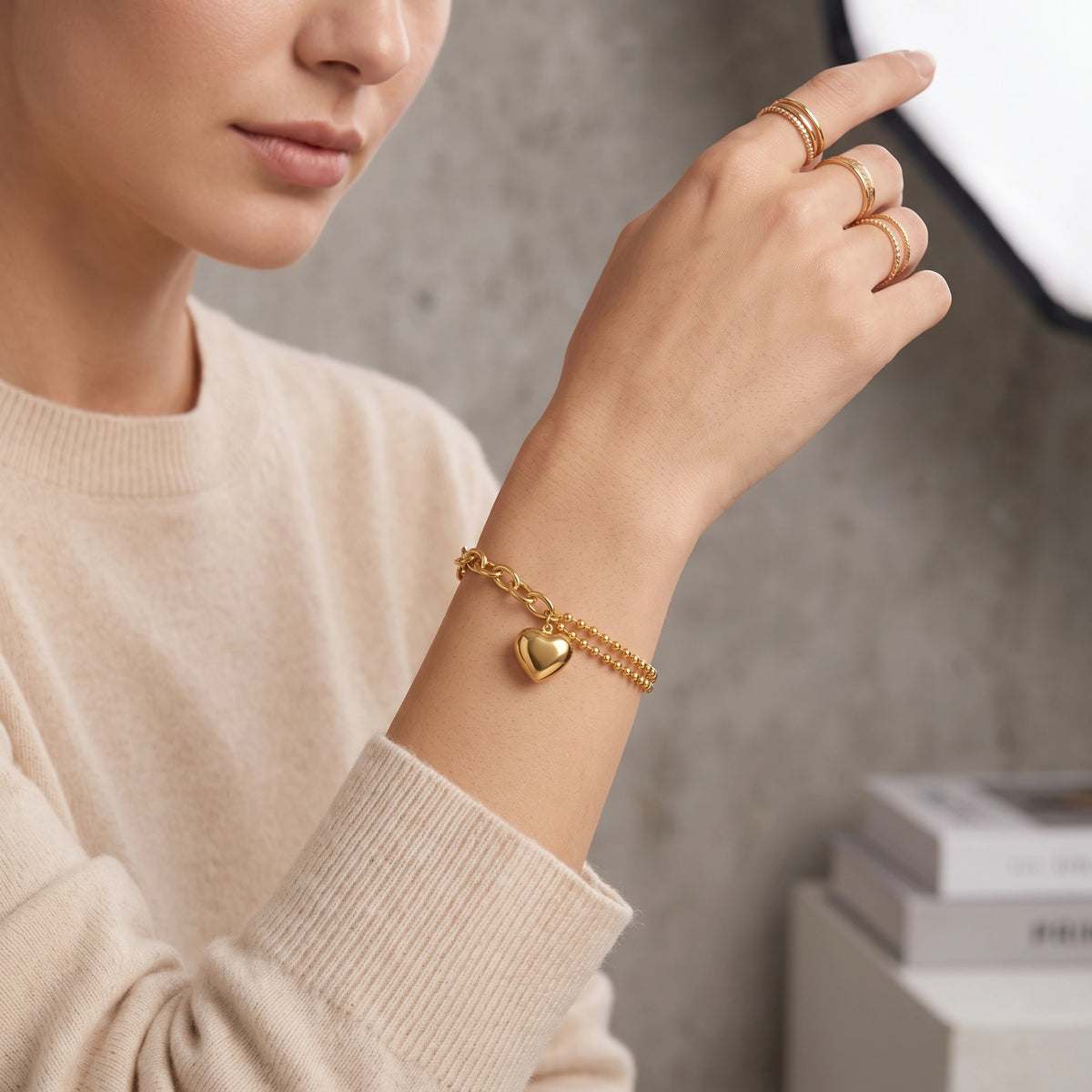 MYKI Gold Plated Heart Pendant Dual Chain Bracelet | Anti-Tarnish(MKBRAD794G-SSYI)