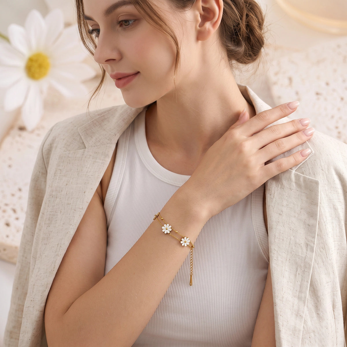 MYKI Gold Plated Daisy Triple Charm Bracelet | Anti-Tarnish(MKBRAD798G-SSYI)