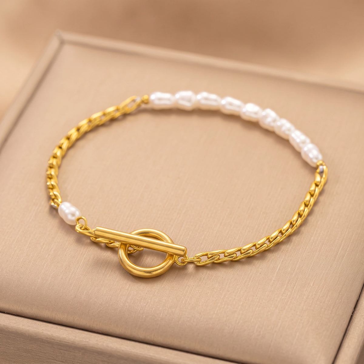 MYKI Gold Plated Pearl & Chain Toggle Bracelet | Anti-Tarnish(MKBRAD801G-SSYI)