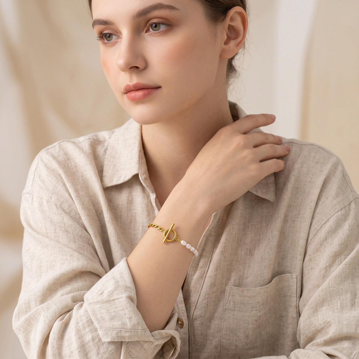 MYKI Gold Plated Pearl & Chain Toggle Bracelet | Anti-Tarnish(MKBRAD801G-SSYI)