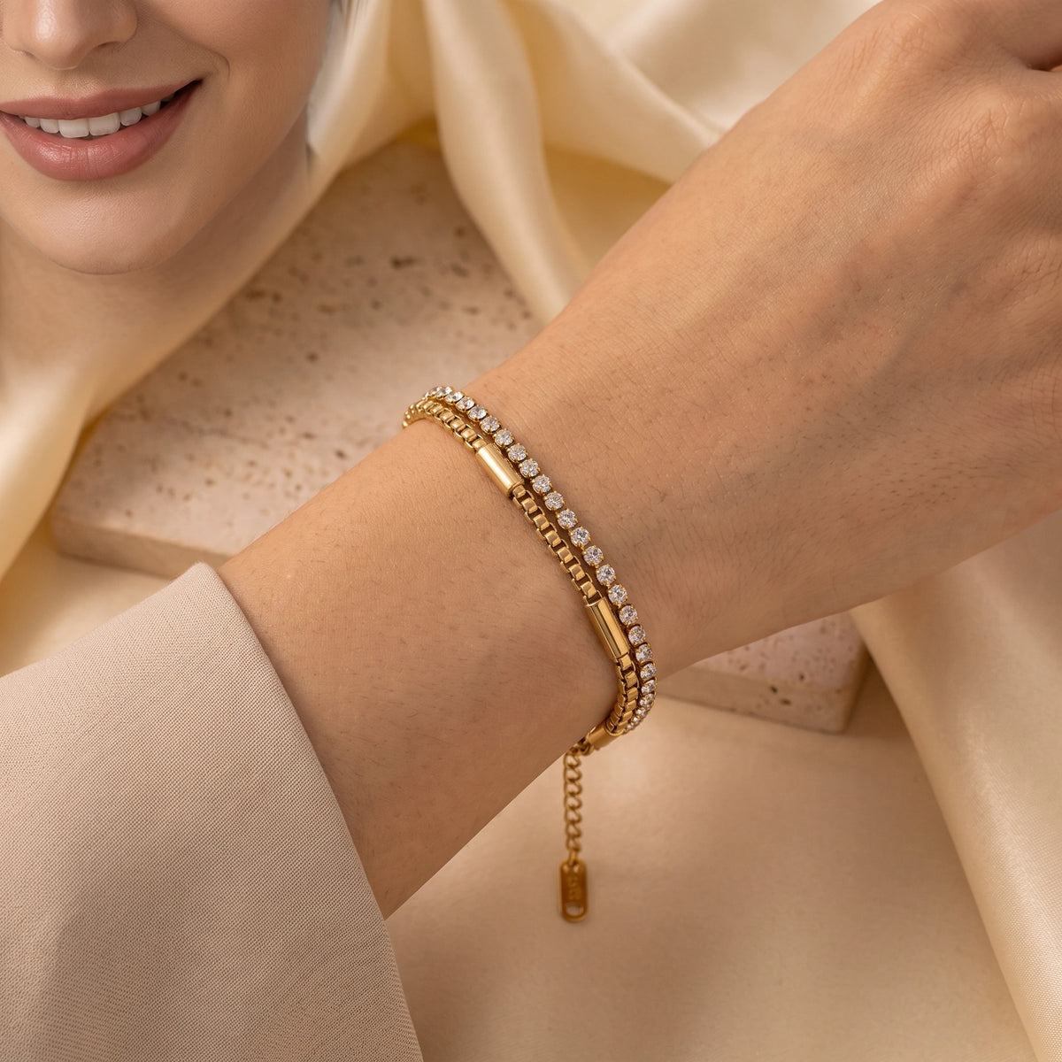 MYKI Gold Plated Dual Layer Crystal Bracelet | Anti-Tarnish(MKBRAD803G-SSYI)