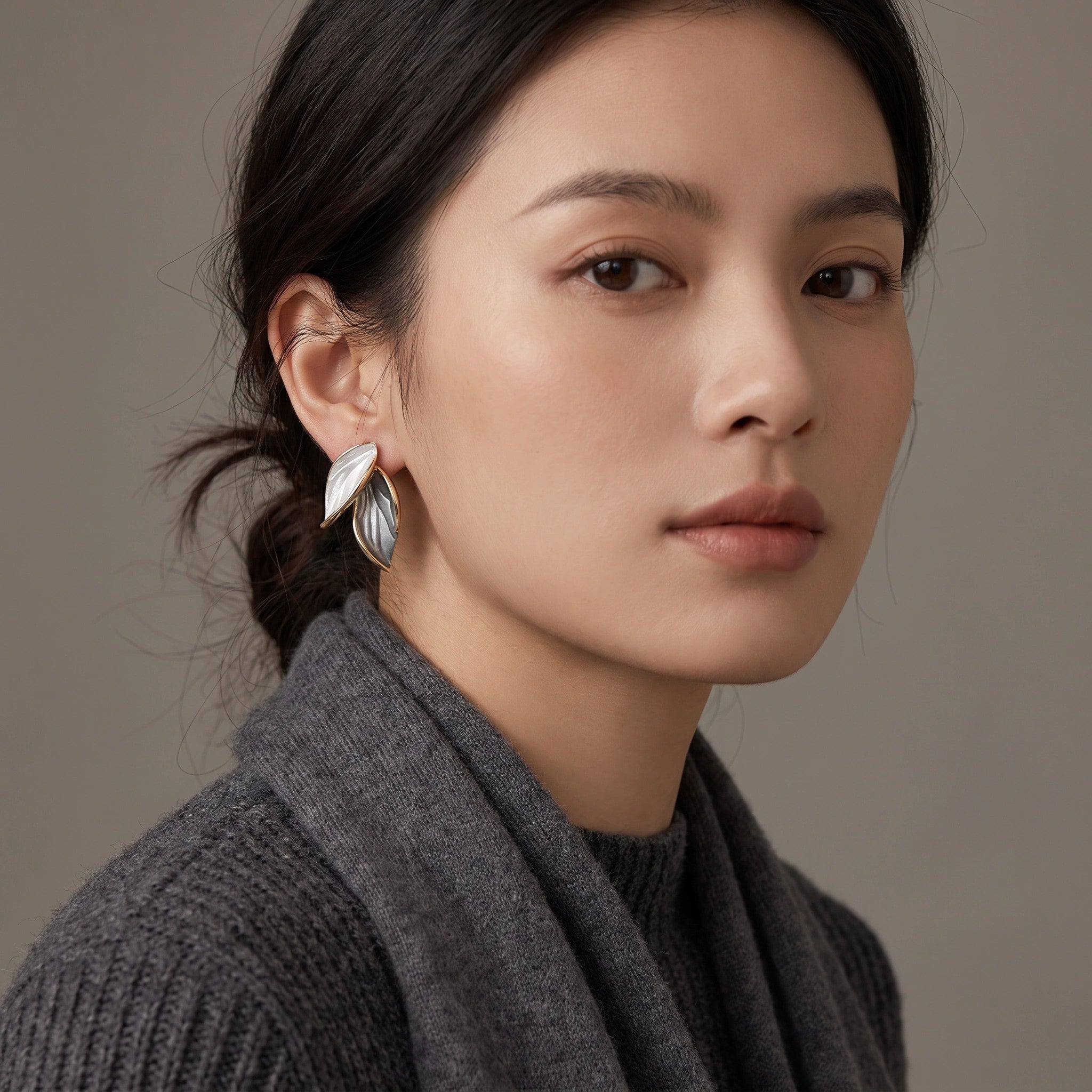 MYKI Silver Leaf Korean Stud Earrings | Elegant Enamel Finish (MKERCH805PI-ANT)