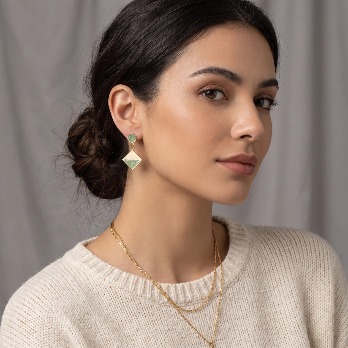 MYKI Green Cream Square Korean Dangle Earrings | Gold Plated (MKERCH807PI-ANT)