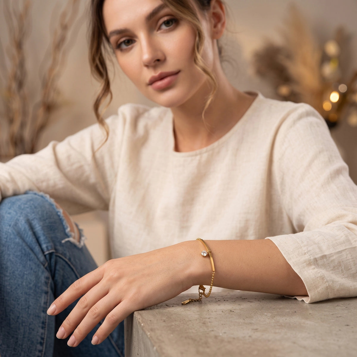 MYKI Gold Plated Dainty Bar & Crystal Charm Bracelet | Anti-Tarnish(MKBRAD808G-SSYI)