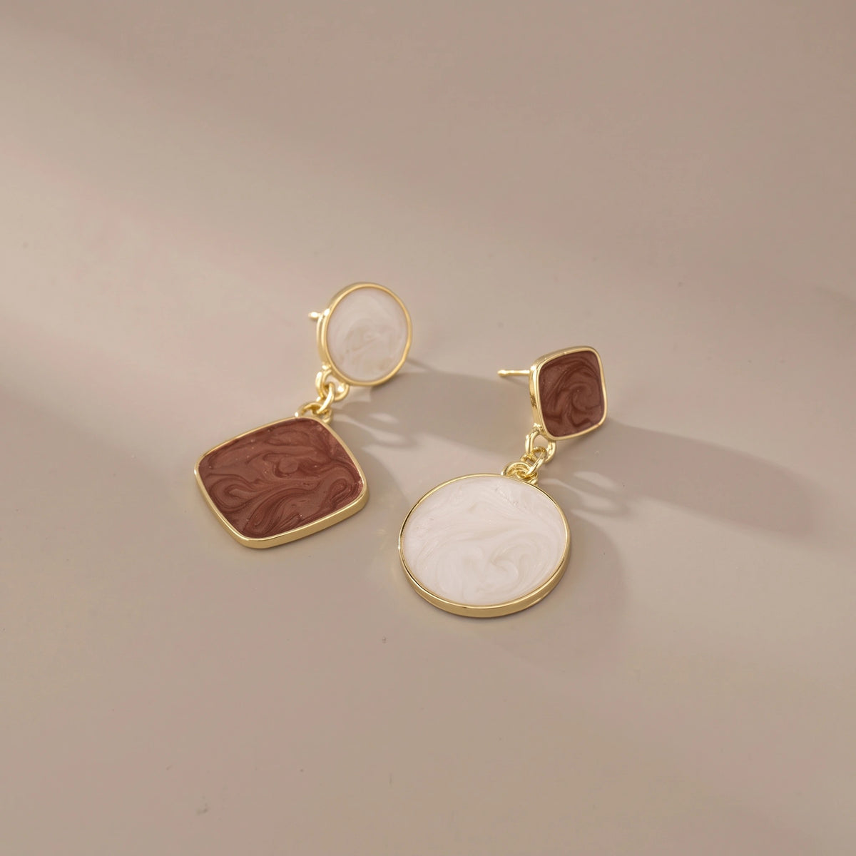 MYKI Brown & White Marble Korean Dangle Earrings | Gold Frame (MKERCH814PI-ANT)