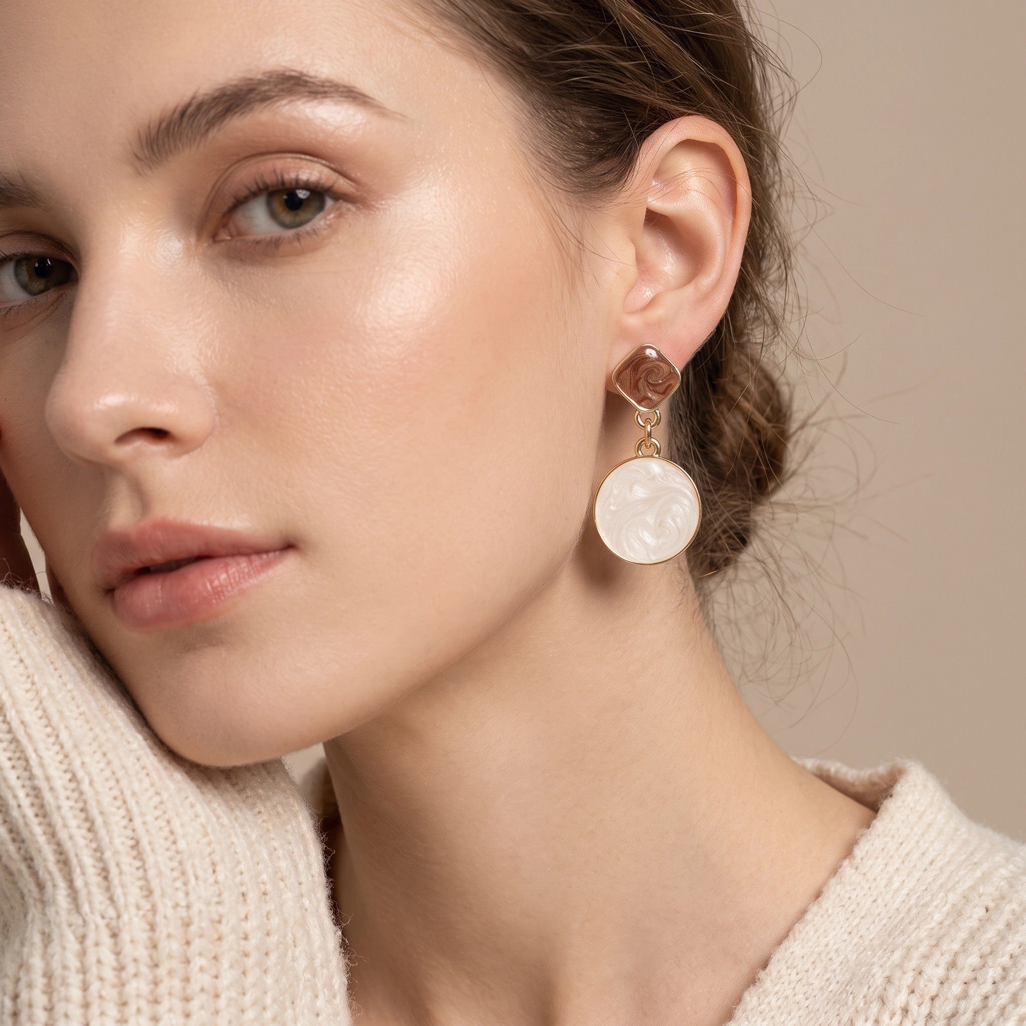 MYKI Brown & White Marble Korean Dangle Earrings | Gold Frame (MKERCH814PI-ANT)