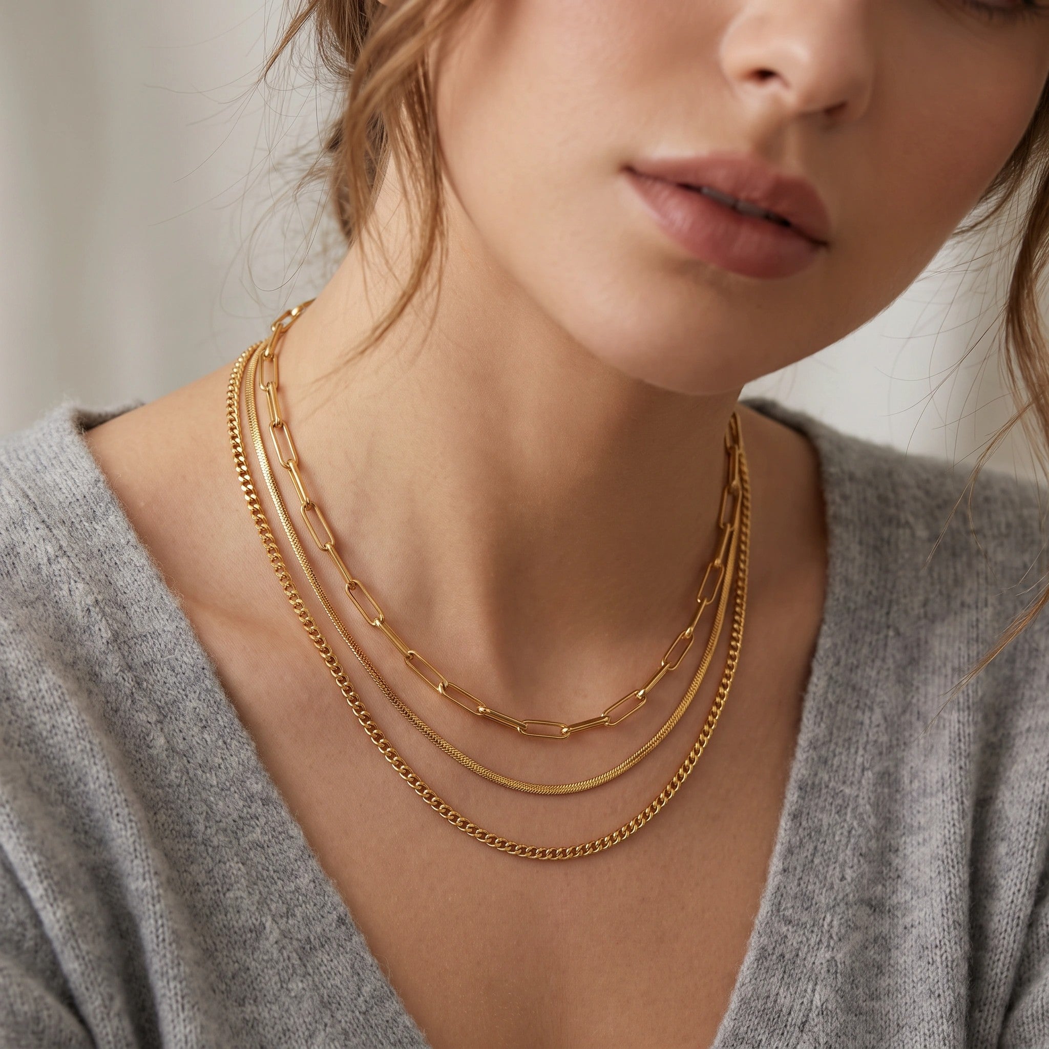 MYKI Triple Layer Minimal Chain Necklace – Anti Tarnish Gold Plated Layered Design (MK816G-SSYI)
