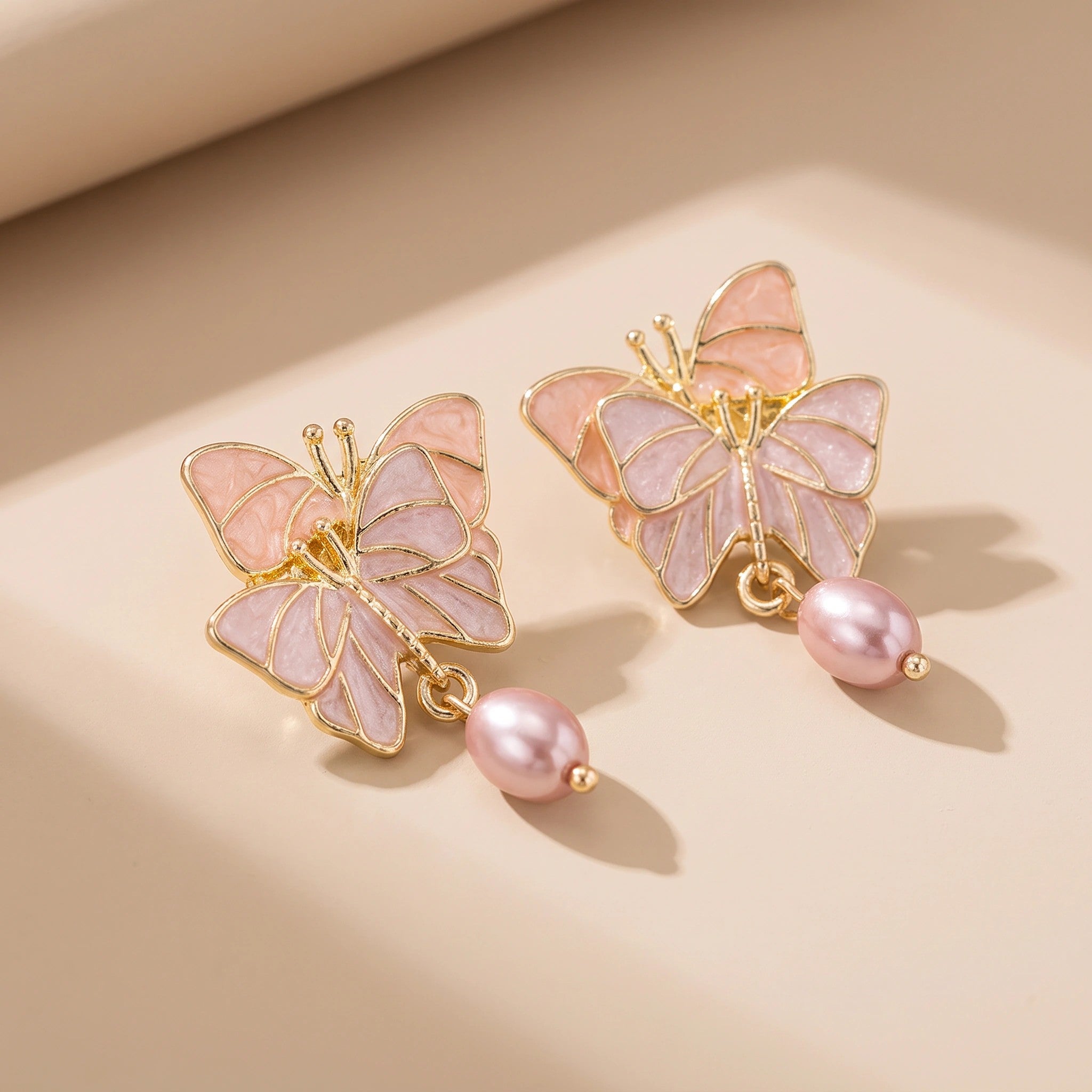 MYKI Pink Butterfly Korean Dangle Earrings | Pearl Accent Design (MKERCH819PI-ANT)