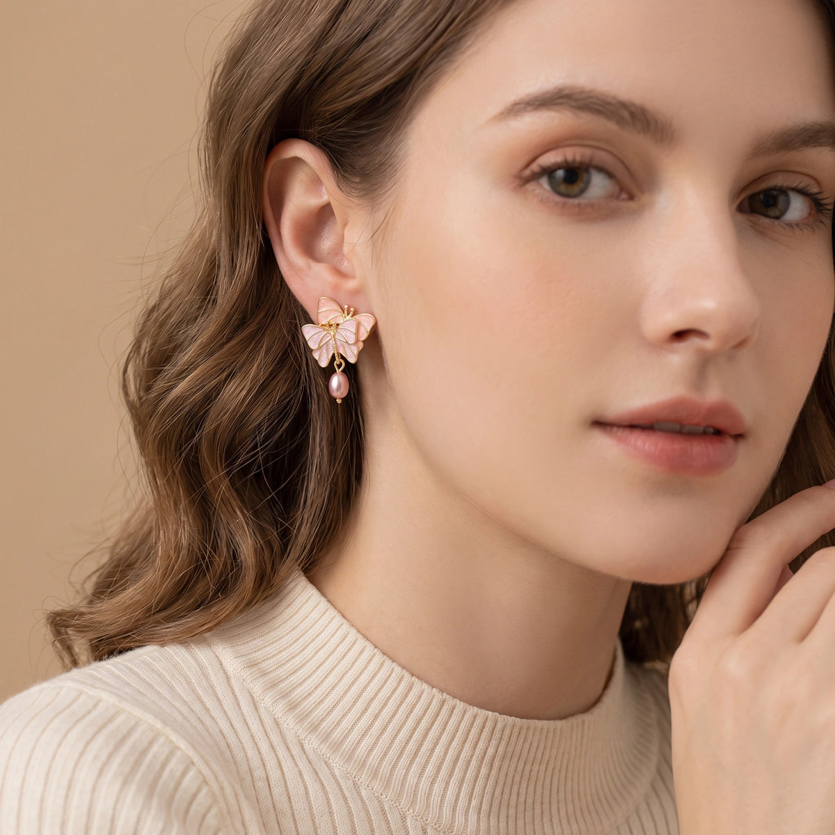 MYKI Pink Butterfly Korean Dangle Earrings | Pearl Accent Design (MKERCH819PI-ANT)