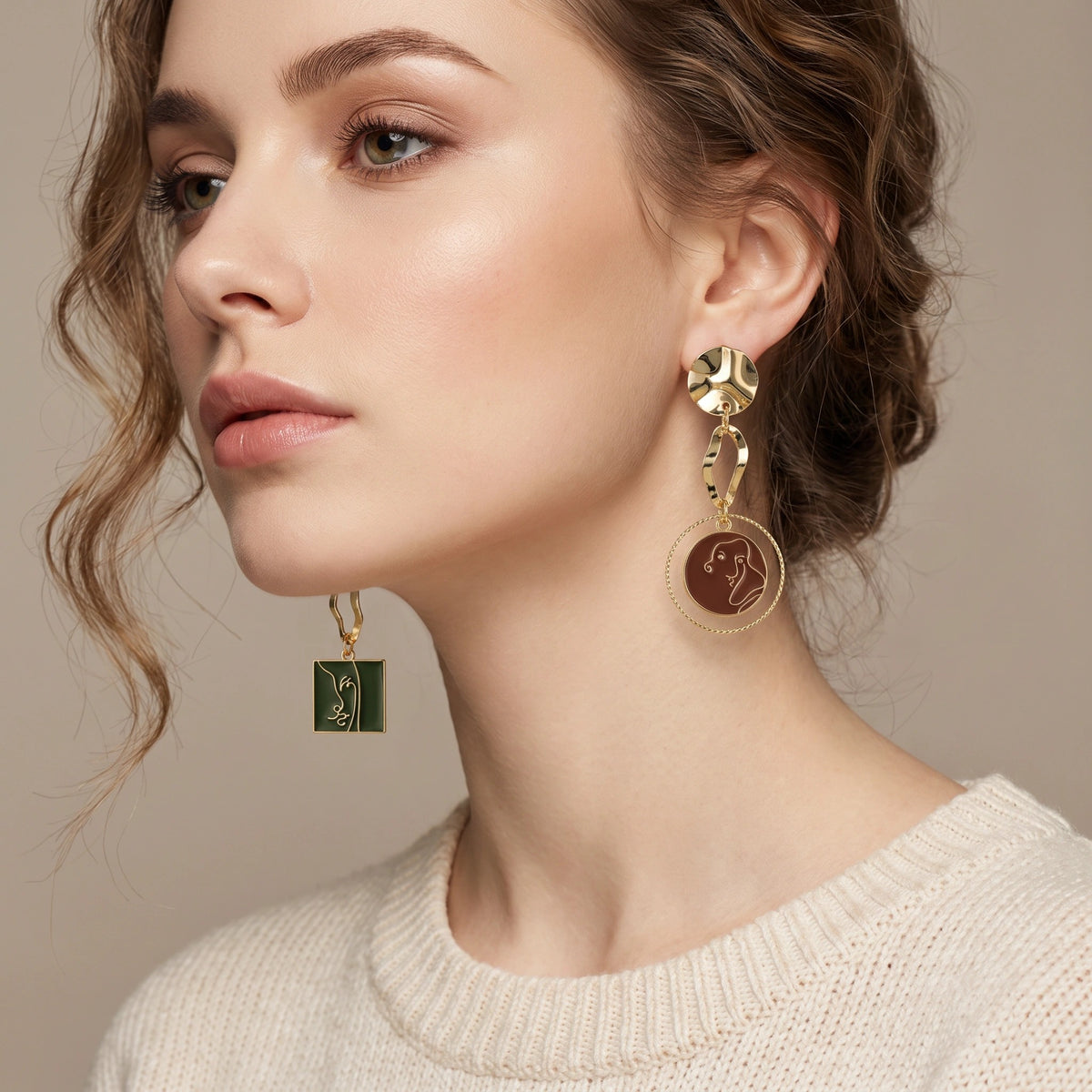 MYKI Abstract Face Korean Mismatch Earrings | Green & Brown Enamel (MKERCH823PI-ANT)