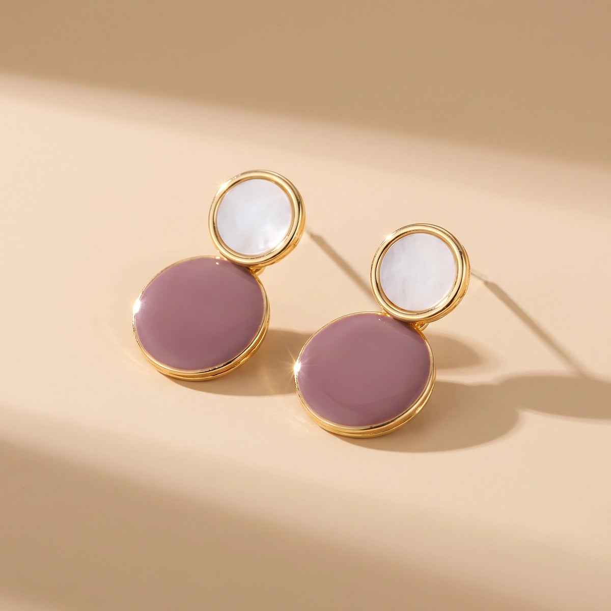 MYKI Mauve & White Dual Circle Korean Earrings | Gold Border Finish (MKERCH828PI-ANT)