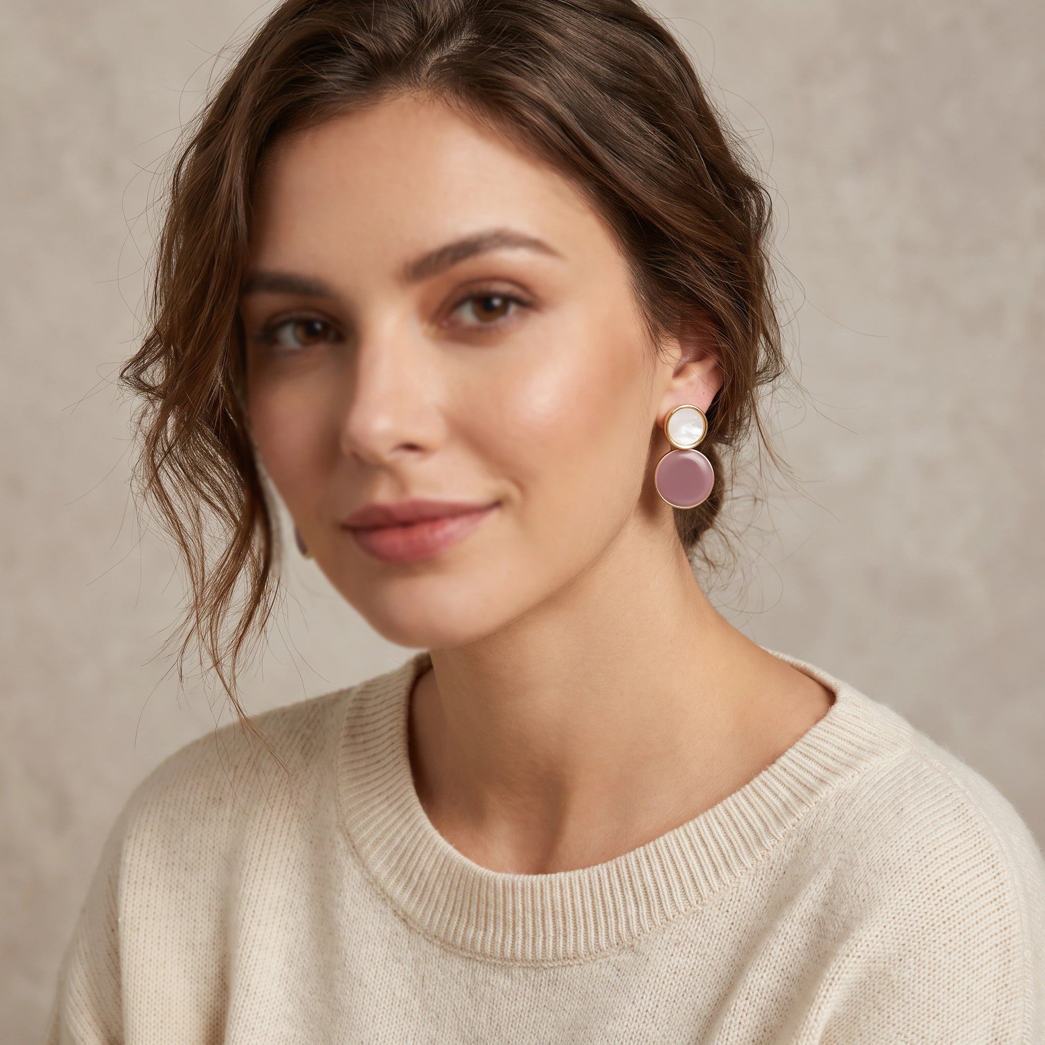 MYKI Mauve & White Dual Circle Korean Earrings | Gold Border Finish (MKERCH828PI-ANT)