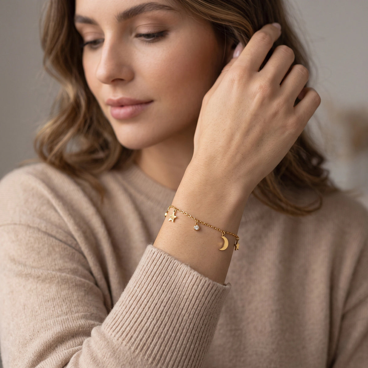 MYKI Celestial Moon & Star Gold-Plated Charm Bracelet(MKBRAD830G-SSYI)