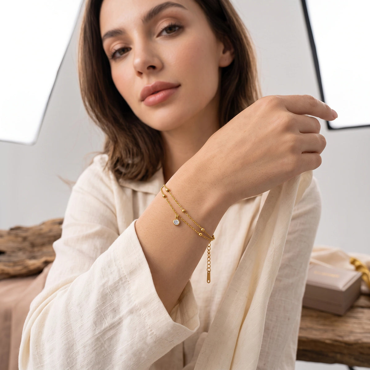 MYKI Gold-Plated Dainty Crystal Bead Bracelet(MKBRAD831G-SSYI)