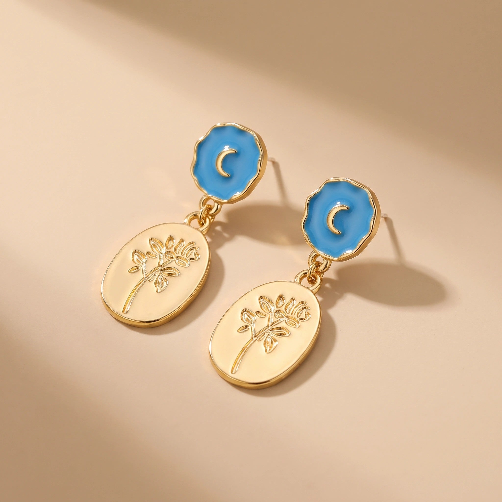 MYKI Blue & Gold Engraved Floral Korean Earrings | Elegant Drop Design (MKERCH833PI-ANT)