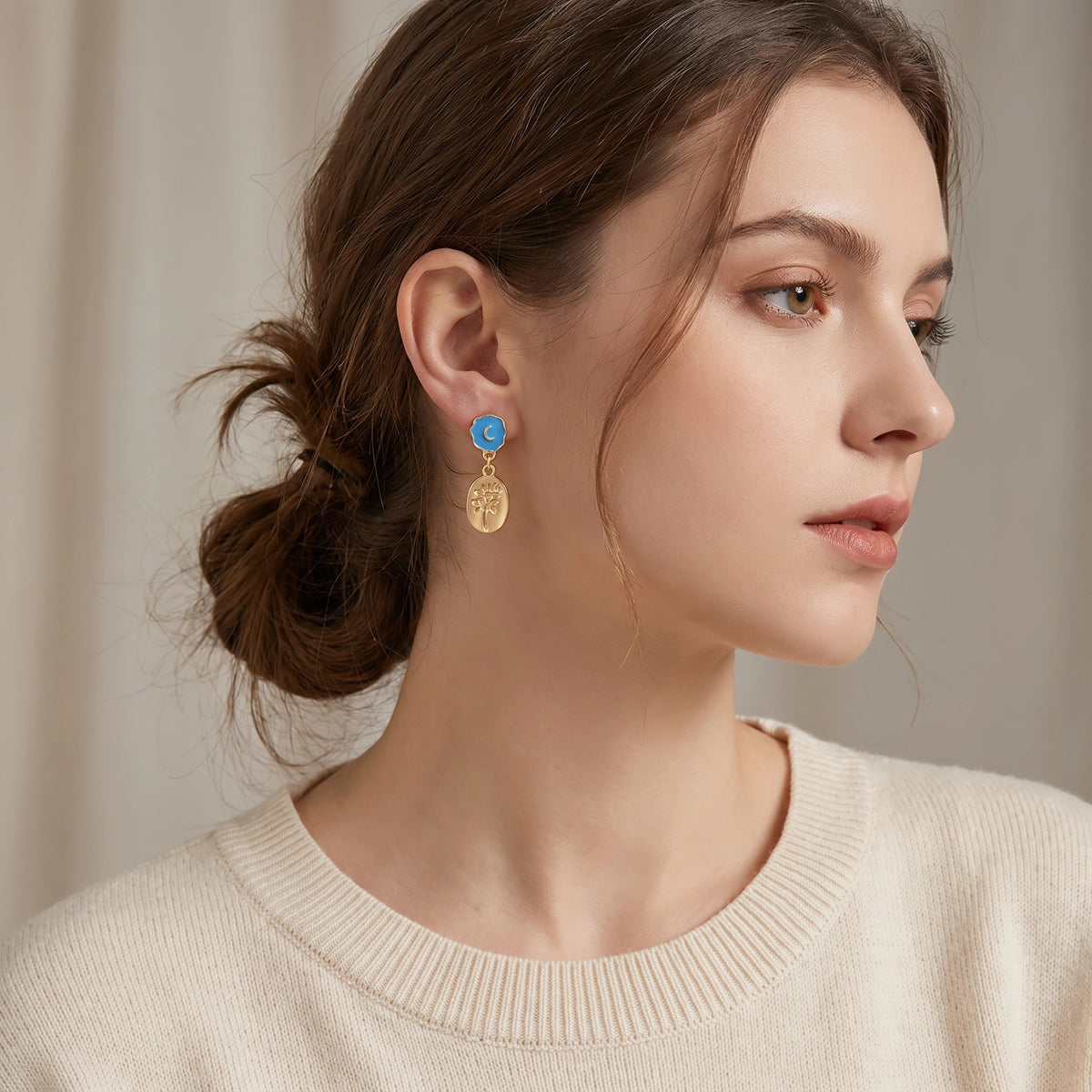 MYKI Blue & Gold Engraved Floral Korean Earrings | Elegant Drop Design (MKERCH833PI-ANT)